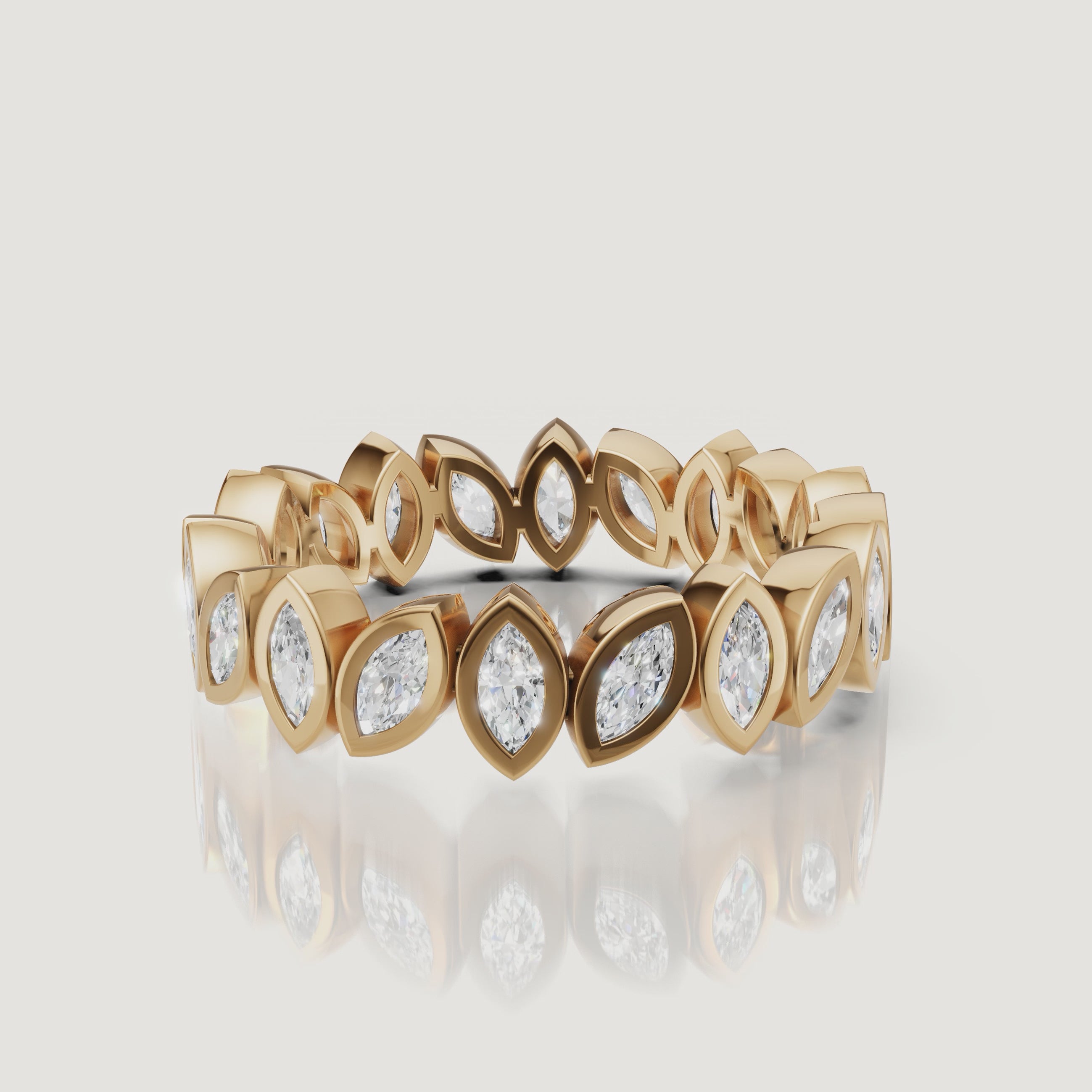 rotating view of marquise bezel set lab grown diamond eternity band in polished gold