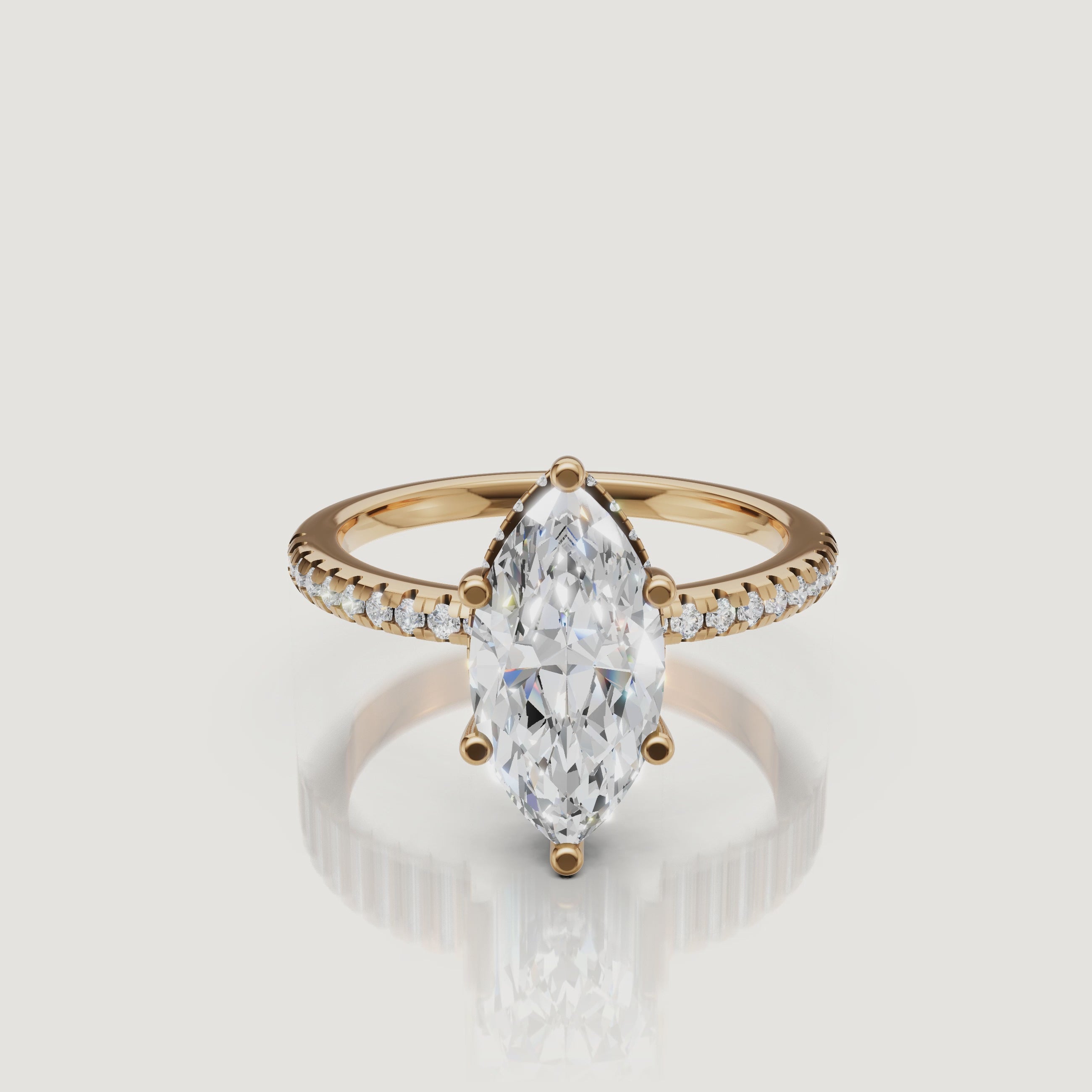 rotating view of marquise cut lab grown diamond engagement ring with pavé band