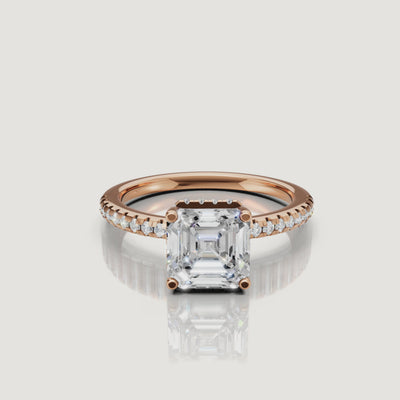 video of asscher cut lab grown diamond pavé engagement ring in 14k rose gold