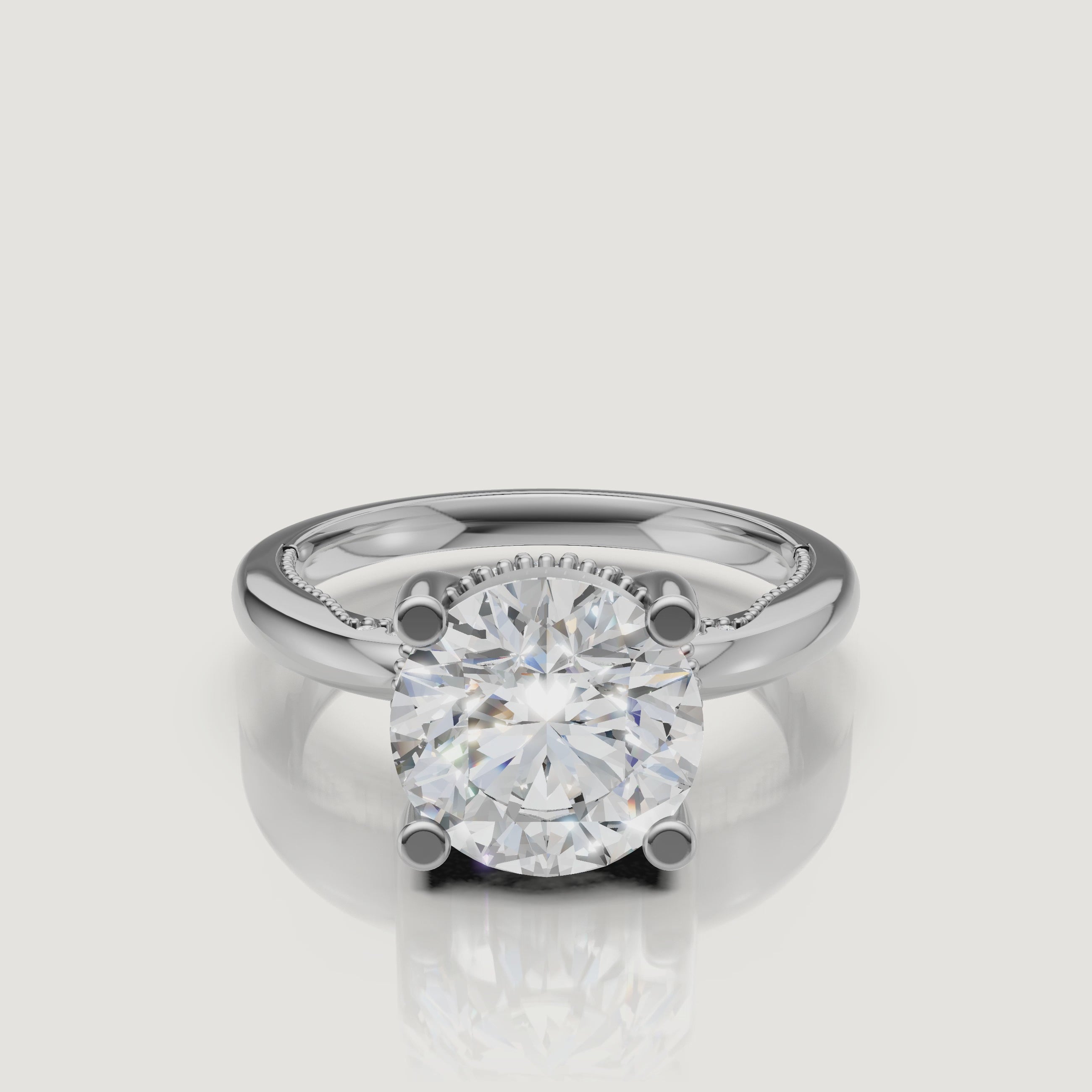 Macro video showcase of a white gold round solitaire ring by Raul Diamonds, displaying the perfect symmetry and brilliant white scintillation