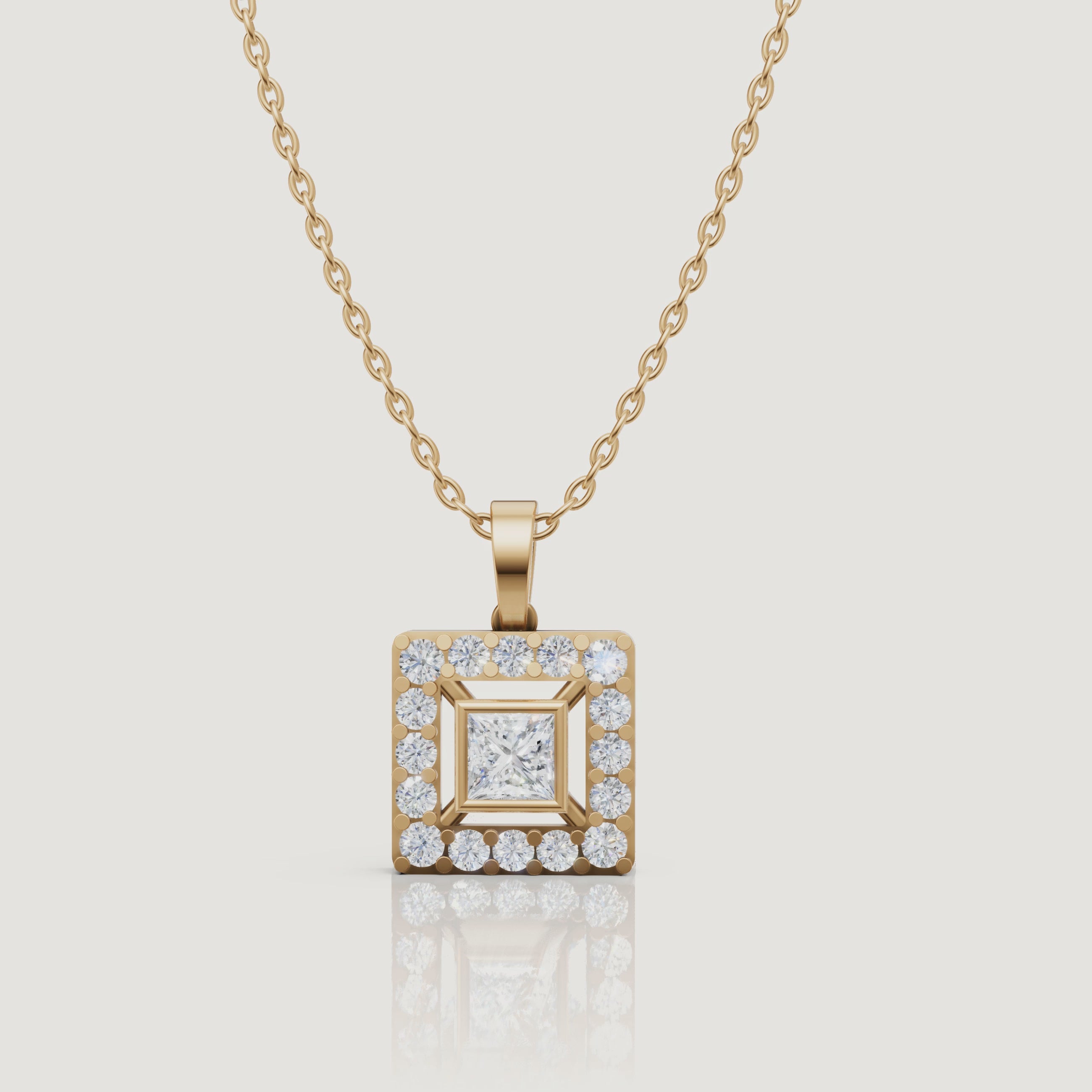 Yellow Gold Princess Cut Lab Grown Diamond Halo Pendant Necklace Video by Raul Diamonds