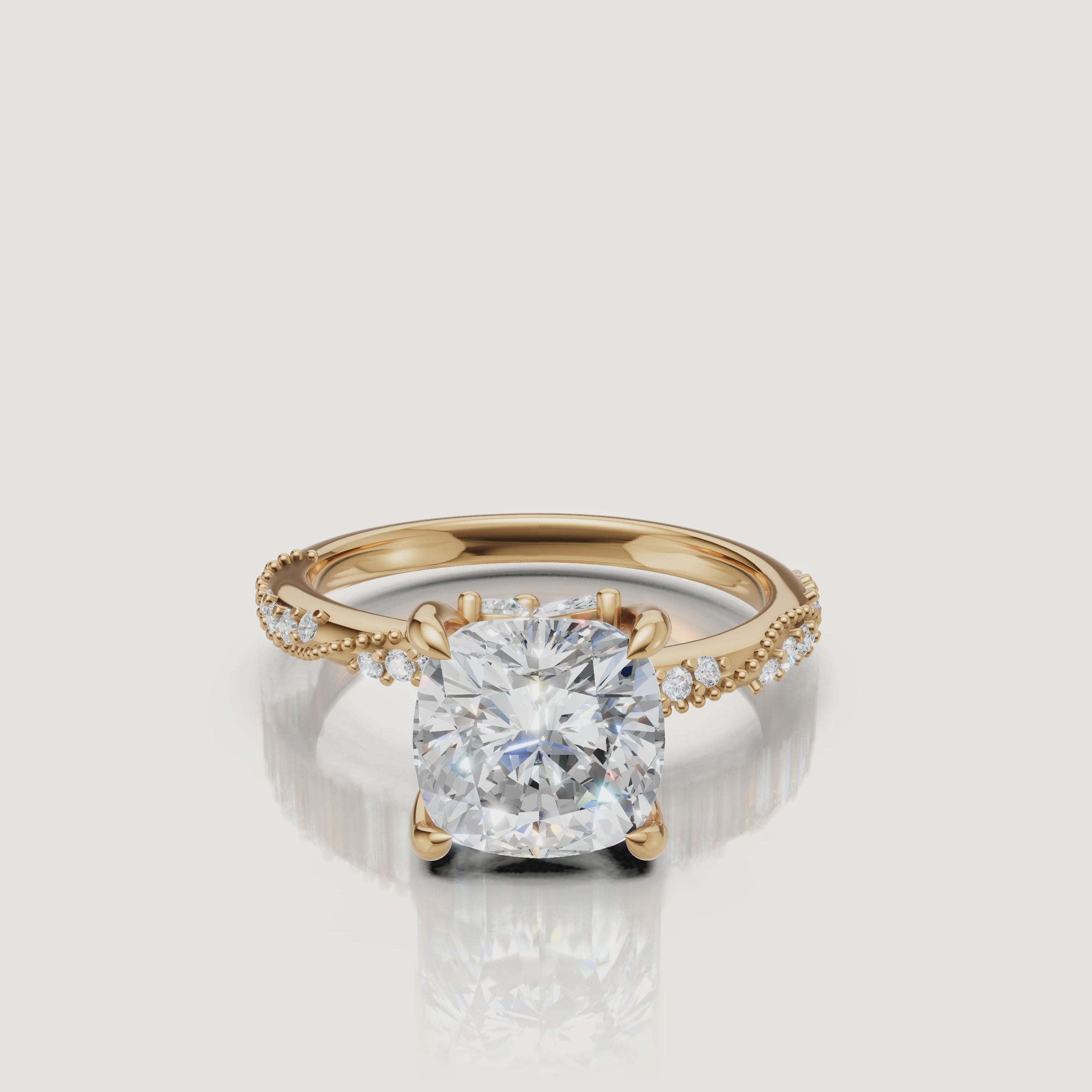 14K yellow gold cushion cut lab grown diamond engagement ring with twisted pavé band sparkling beautifully in motion by Raul Diamonds