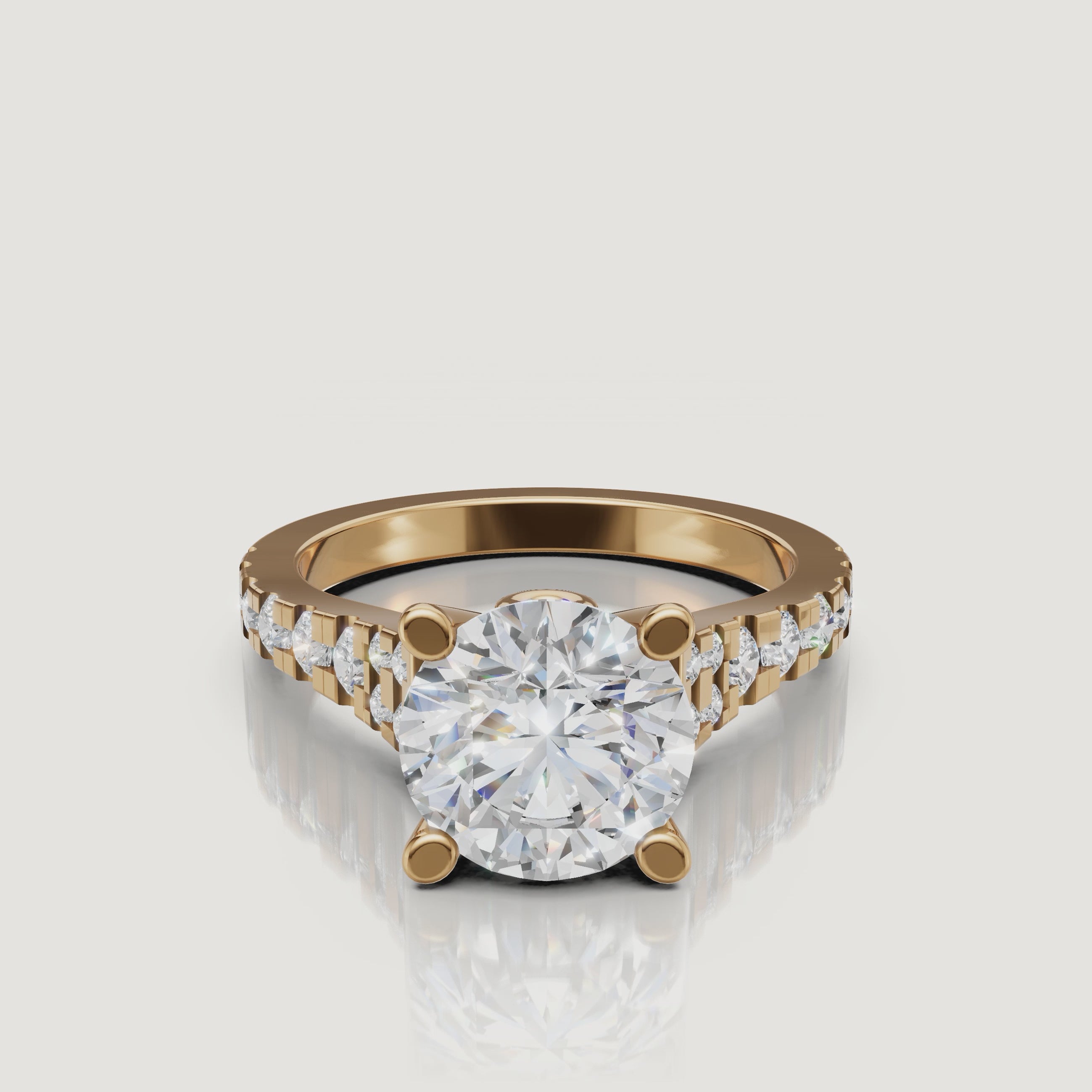360 video of the Seo yellow gold round diamond engagement ring with pavé detailing by Raul Diamonds.