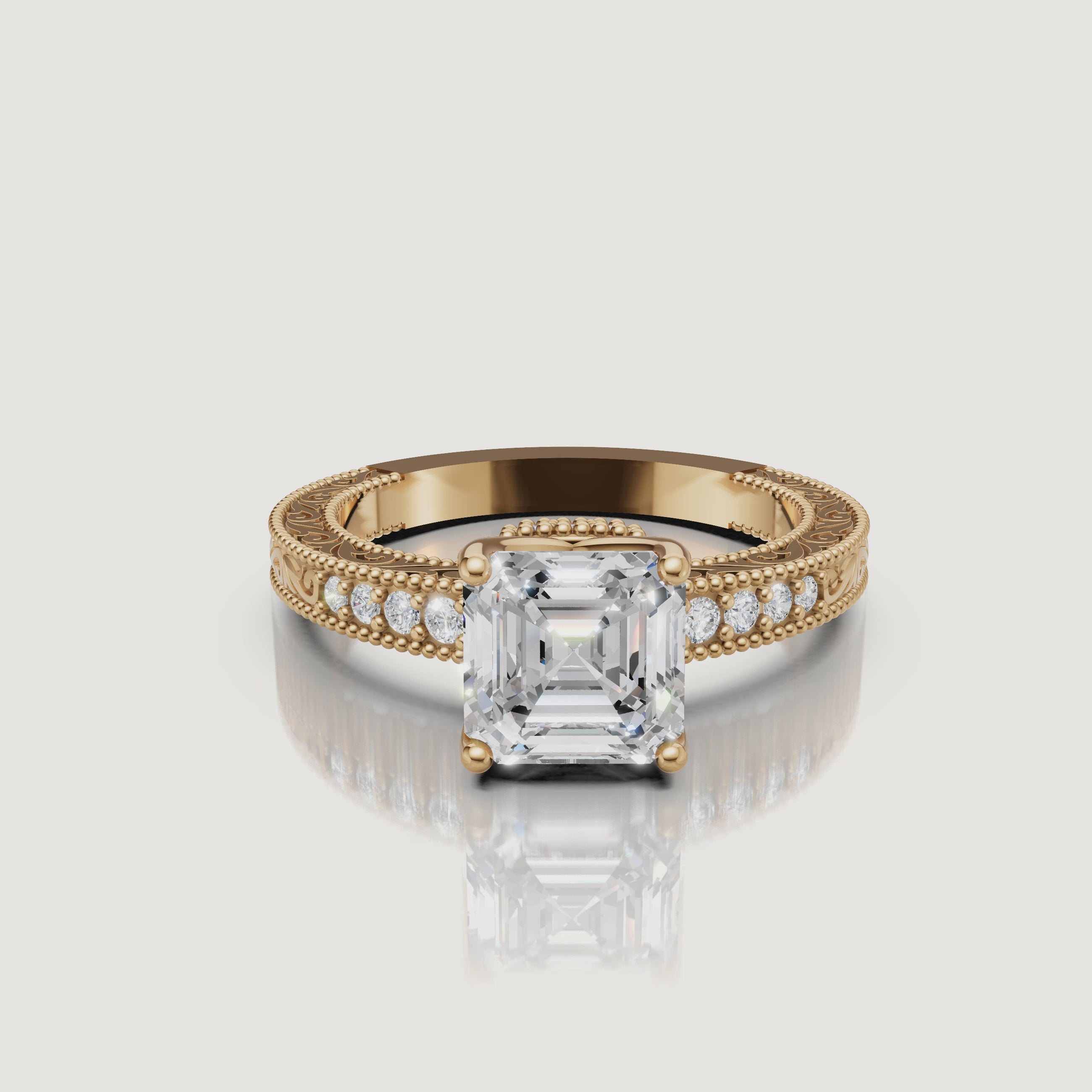 360 video of vintage Asscher cut lab grown diamond engagement ring in 14K yellow gold with ornate filigree band by Raul Diamonds.