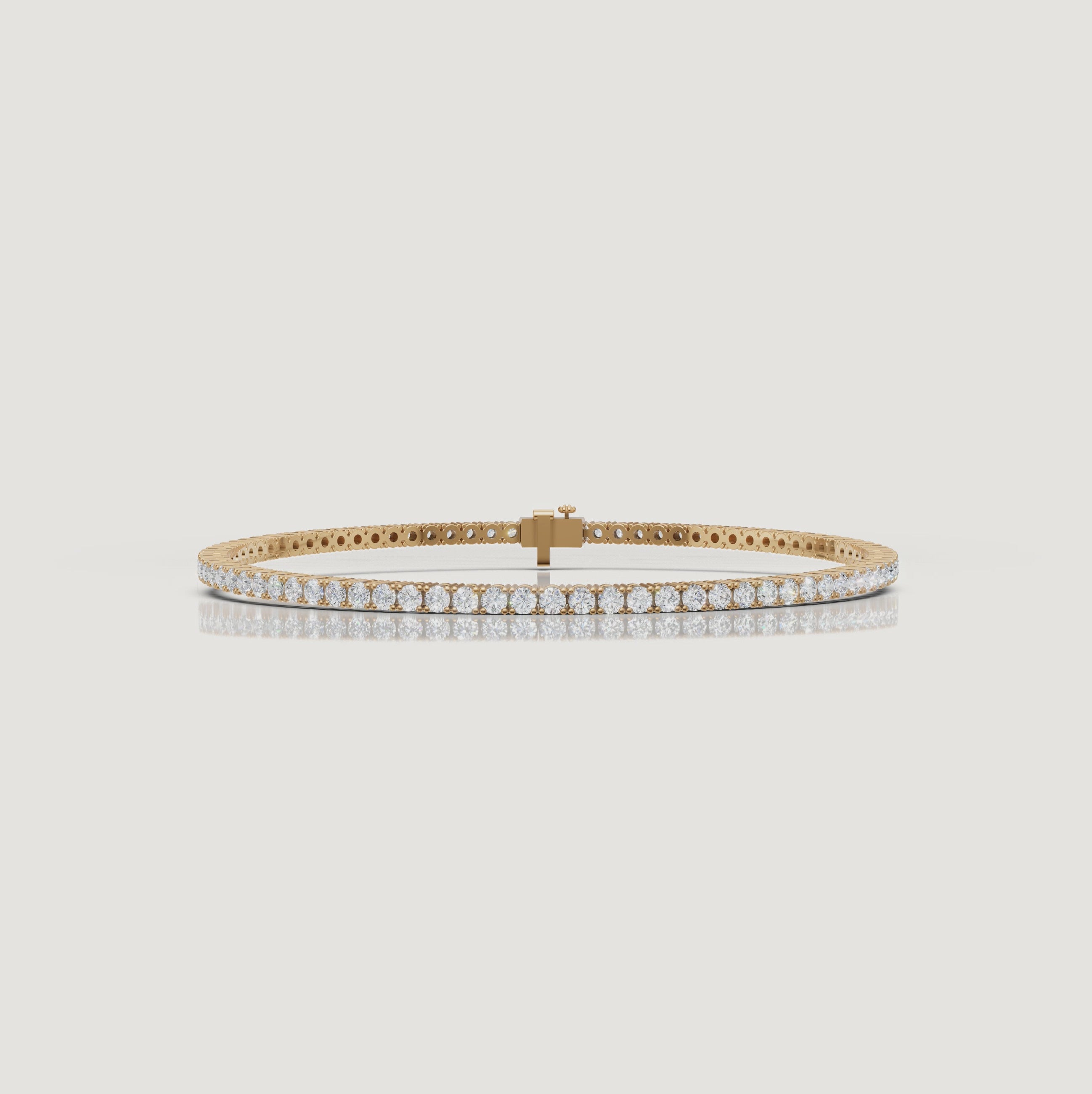 Cinematic video of a 3 carat lab grown diamond tennis bracelet in yellow gold by Raul Diamonds featuring macro diamond sparkle, graceful wrist movement, warm luxury lighting, and elegant bridal-inspired jewelry styling.