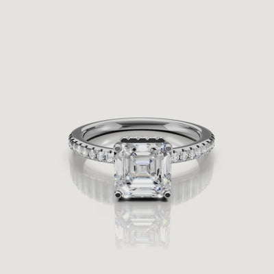 video of asscher cut lab grown diamond pavé engagement ring in 14k white gold