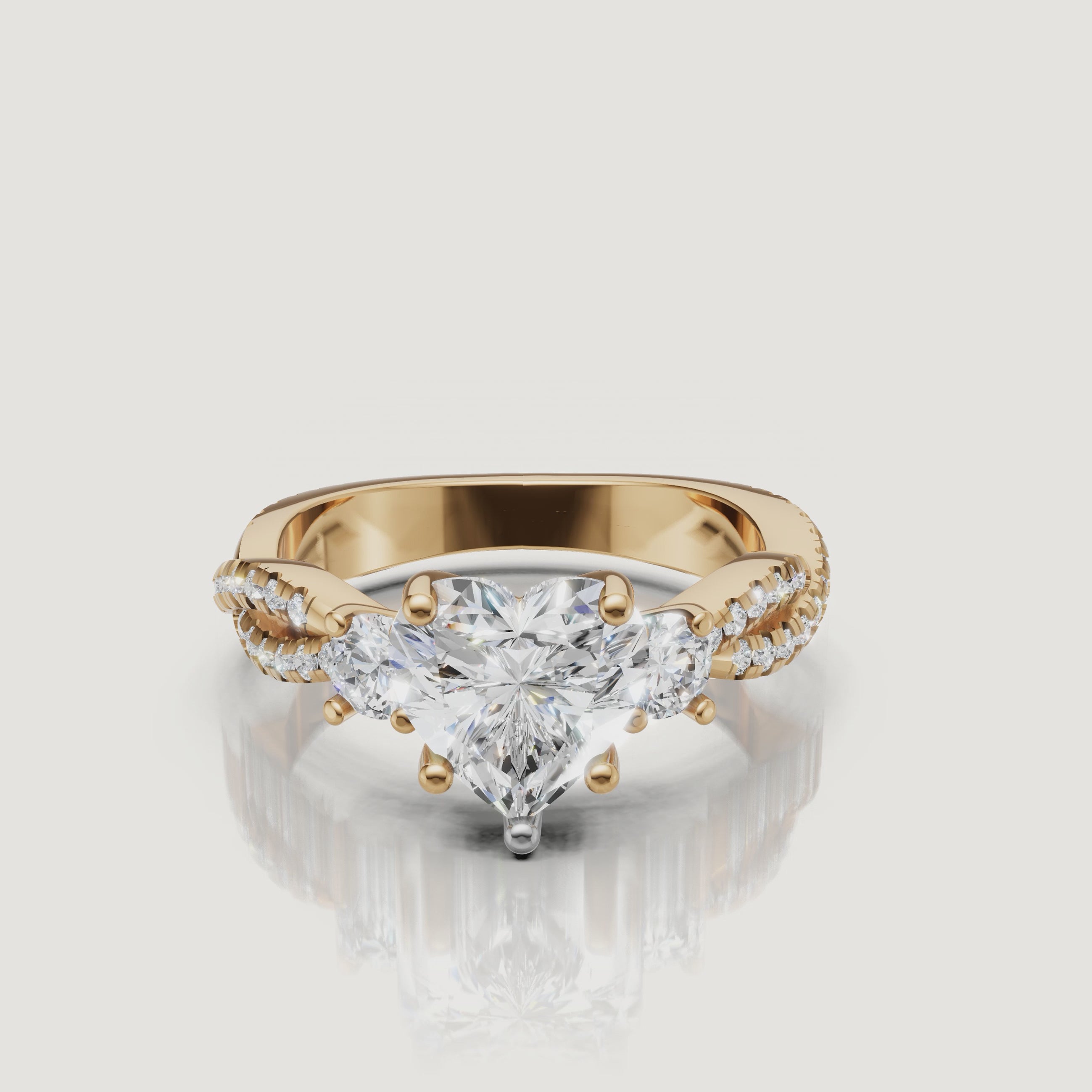 Heart Shape Three Stone Lab Diamond Ring Video in Yellow Gold – Raul Diamonds