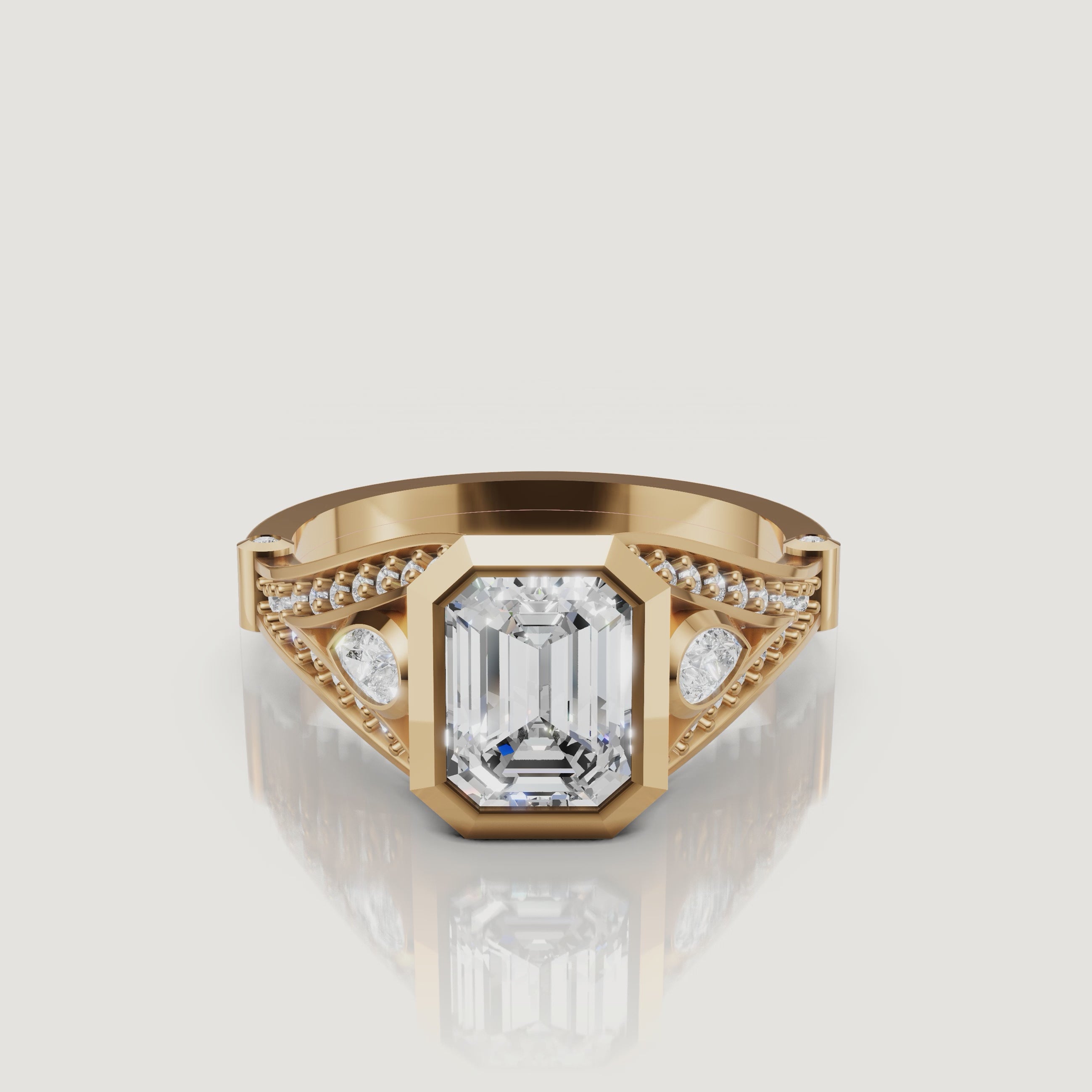 360 video of the Seo yellow gold emerald cut bezel diamond engagement ring by Raul Diamonds.