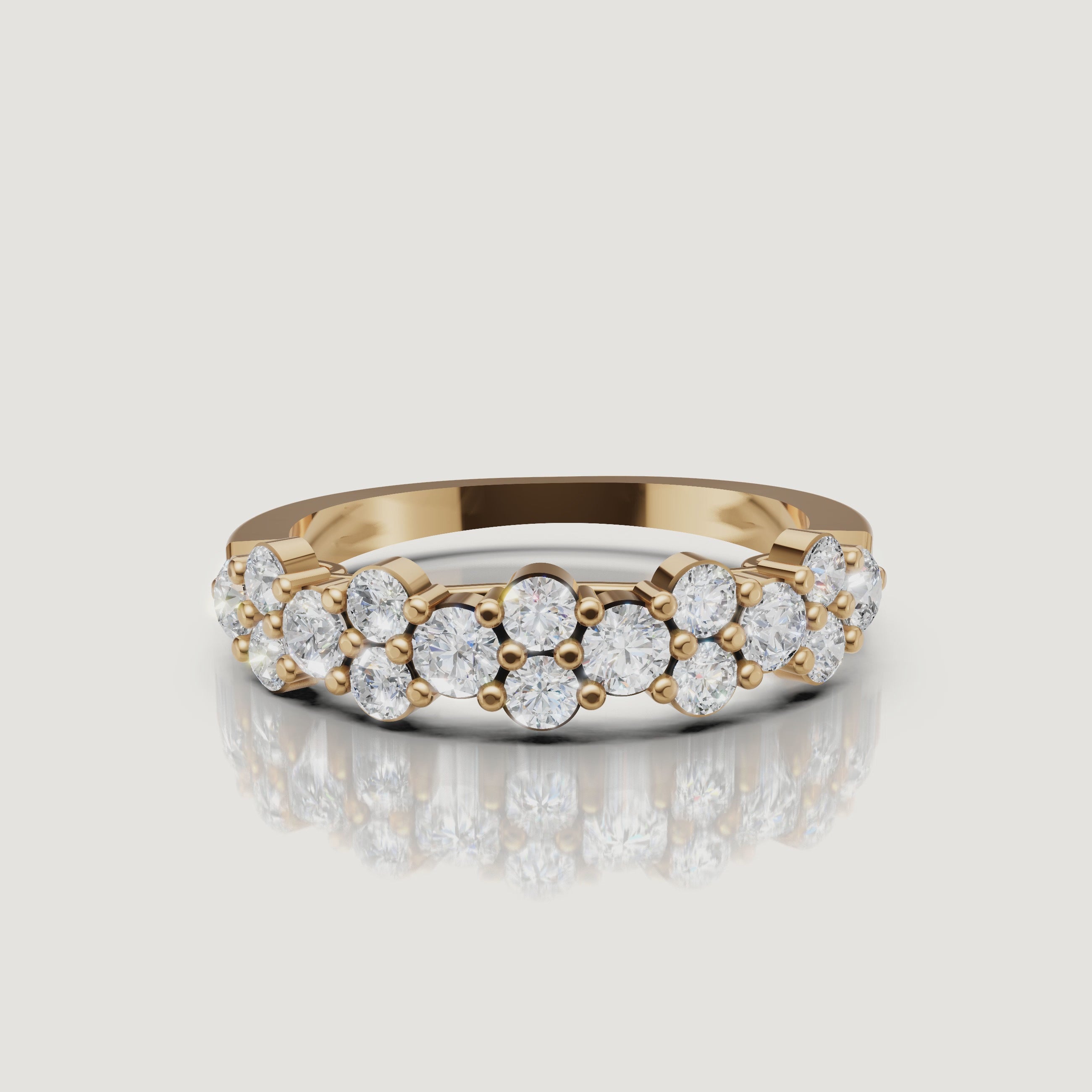 360 rotating video of Raul Diamonds yellow gold floral diamond wedding band with round brilliant clusters