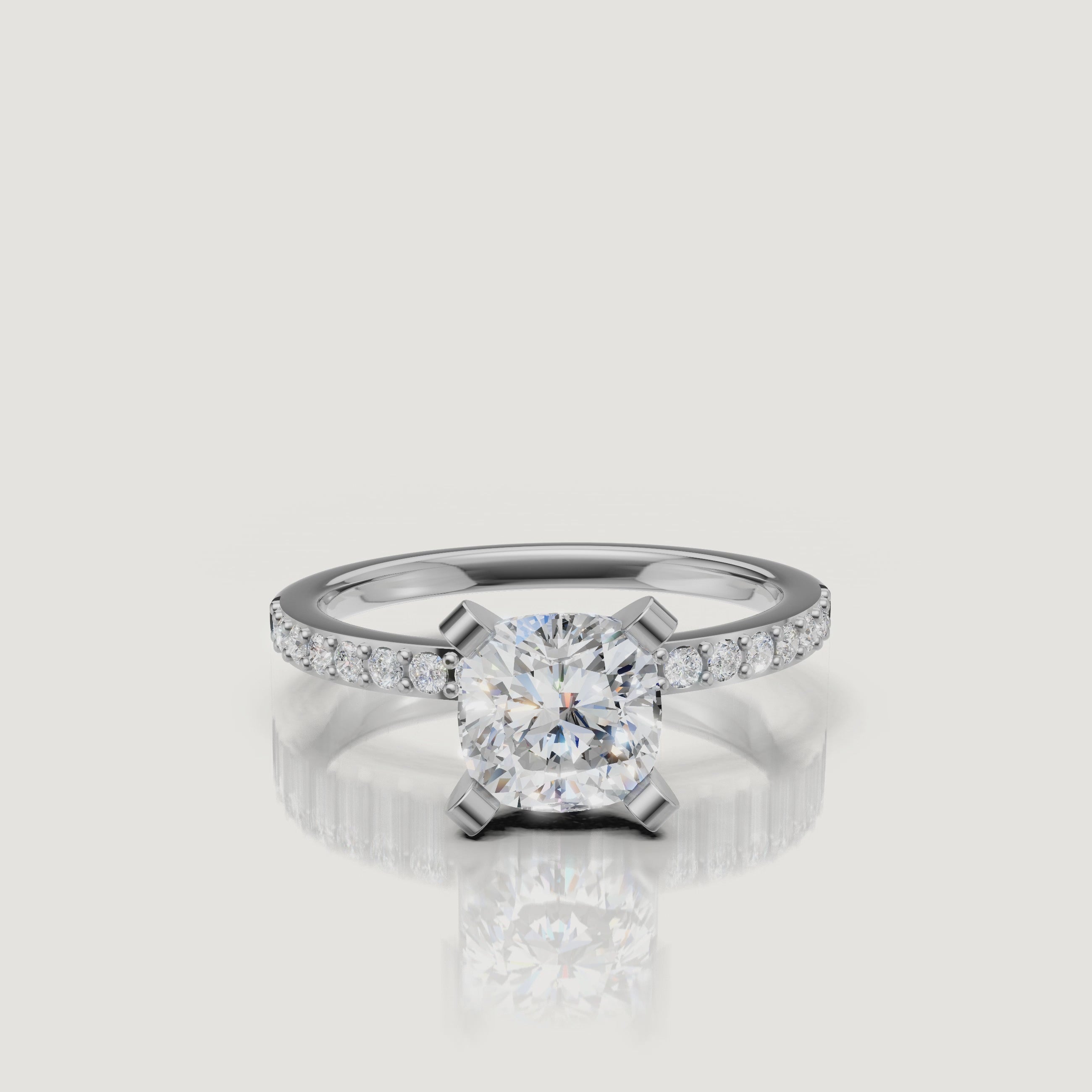 Cushion cut lab grown diamond engagement ring in 14K white gold with pavé setting by Raul Diamonds video display