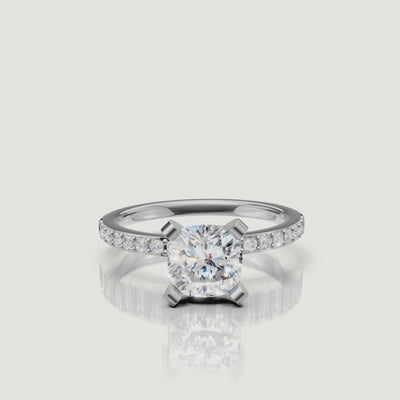 Cushion cut lab grown diamond engagement ring in 14K white gold with pavé setting by Raul Diamonds video display