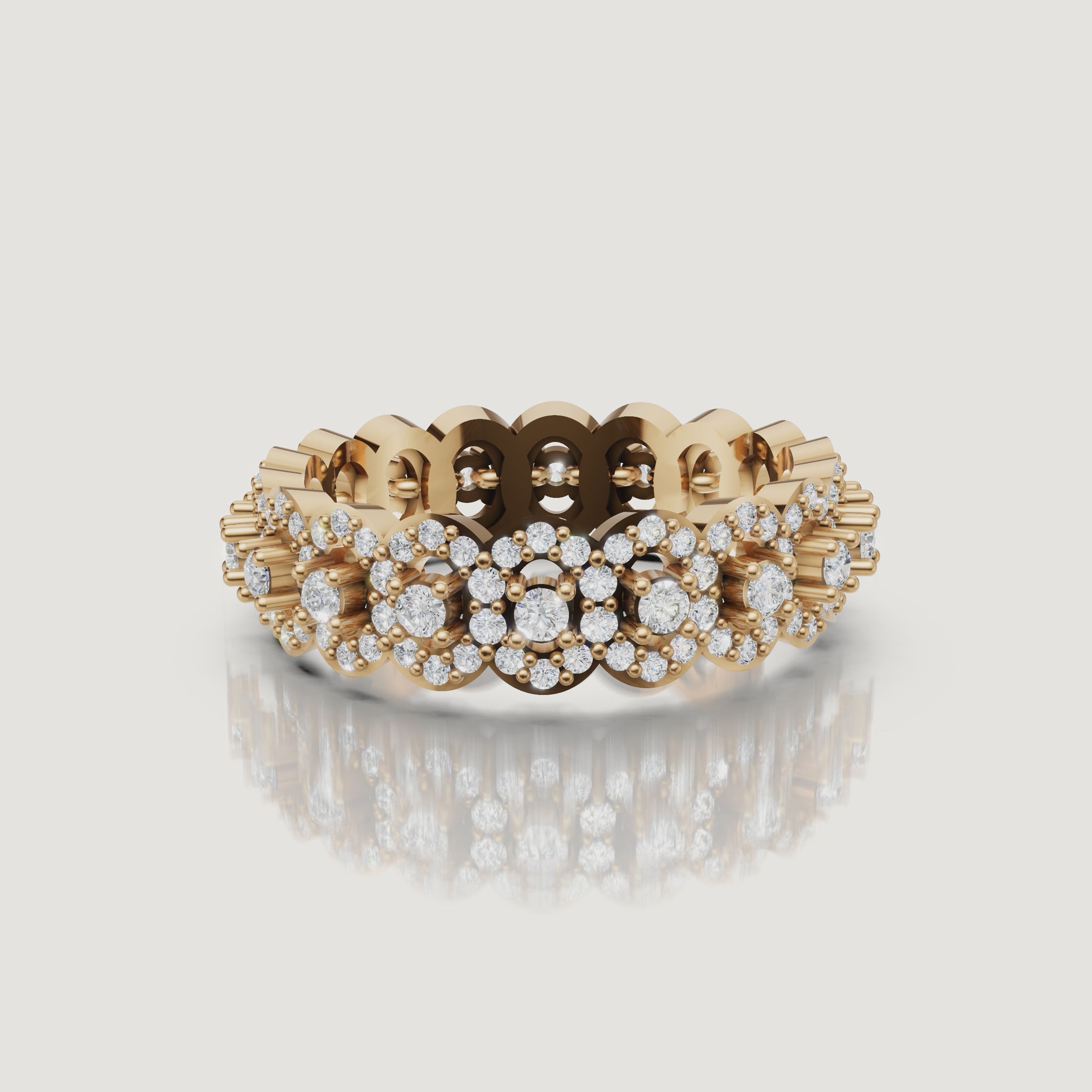 rotating view of floral cluster lab grown diamond eternity band in polished gold