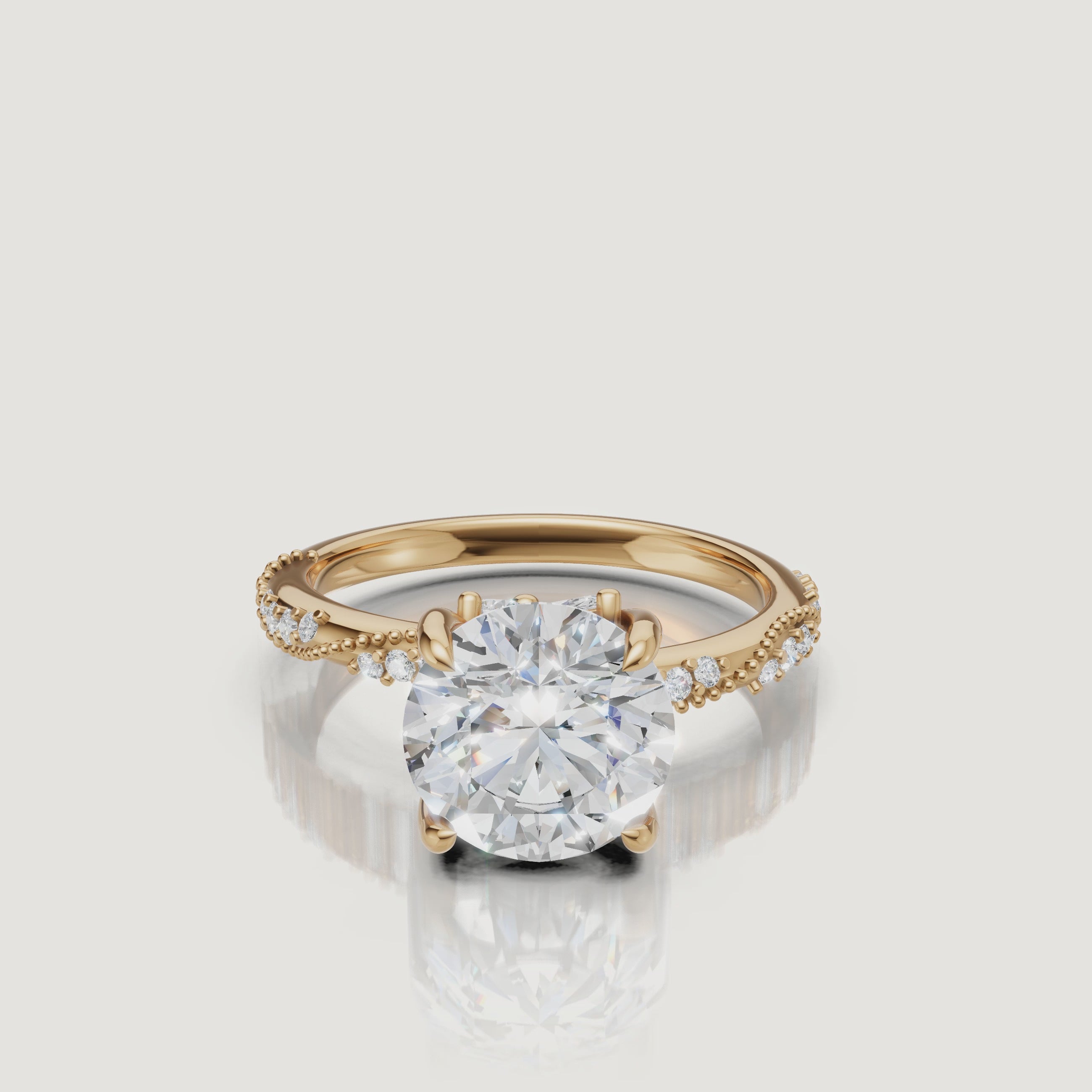 14K yellow gold round cut lab grown diamond engagement ring with twisted pavé band and brilliant sparkle by Raul Diamonds