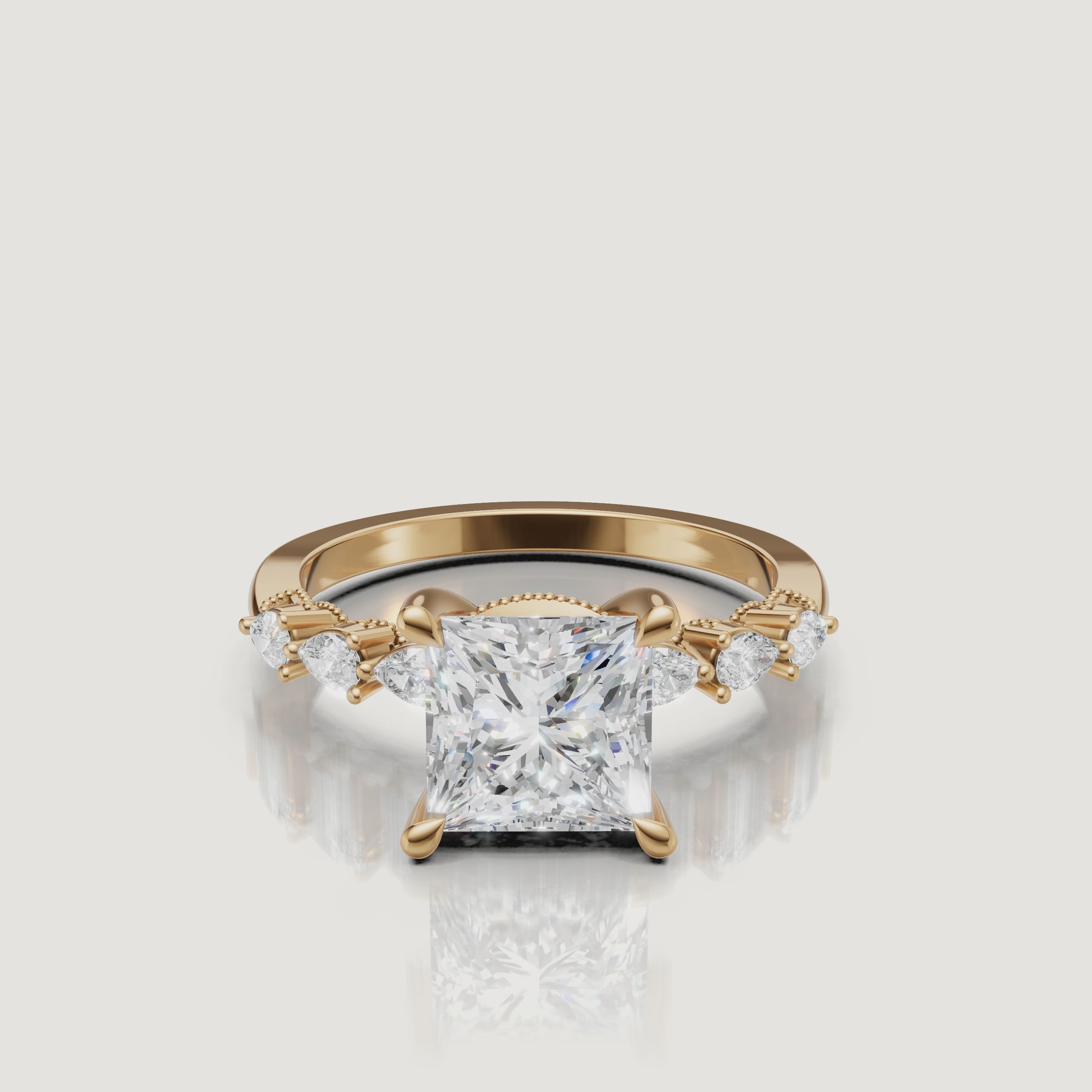 Video of princess cut lab grown diamond engagement ring in 14K yellow gold with marquise side stones by Raul Diamonds