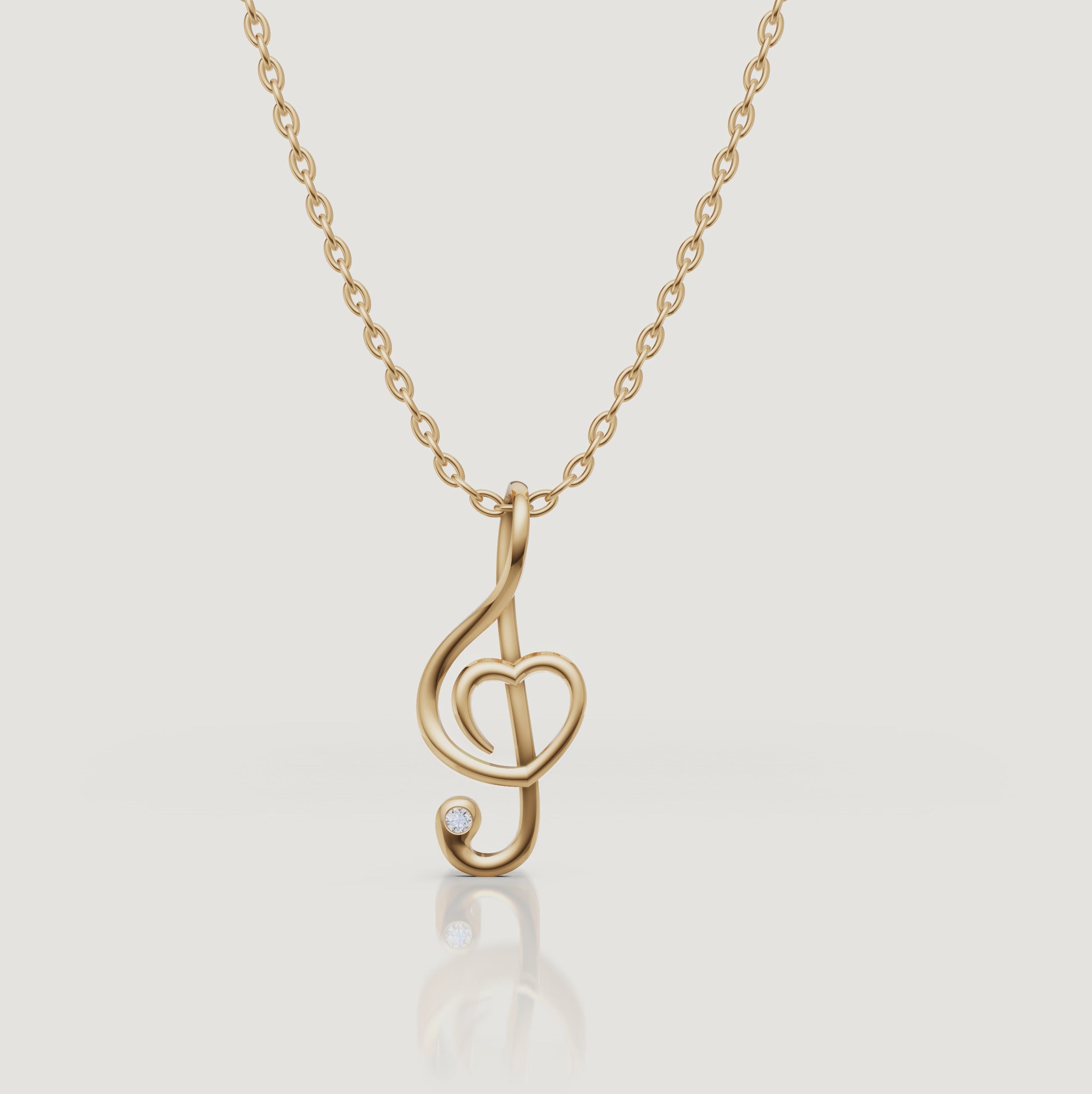 Yellow Gold Treble Clef Heart Diamond Pendant Necklace Video by Raul Diamonds