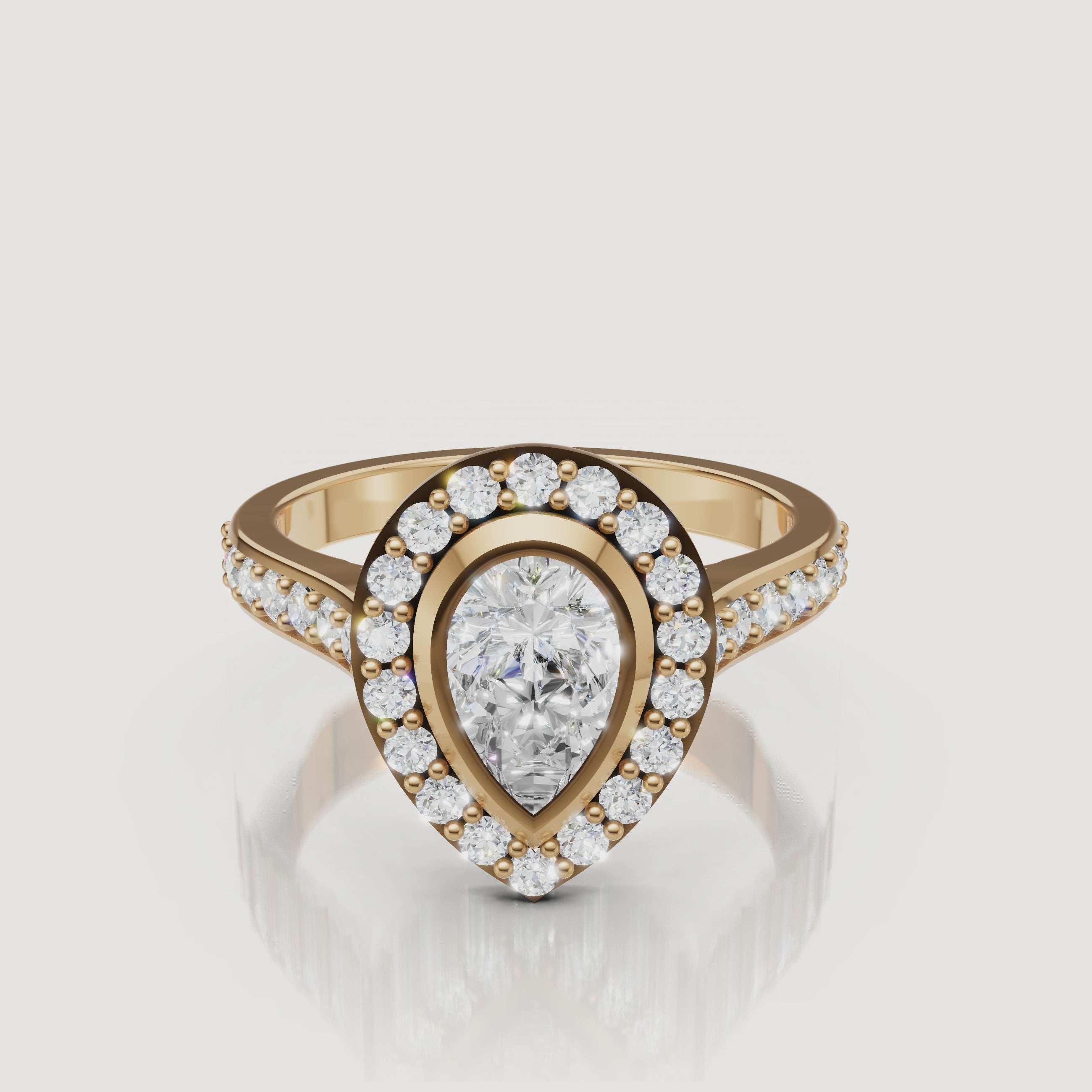 360 video of Raul Diamonds yellow gold pear halo diamond engagement ring with pavé band