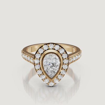 360 video of Raul Diamonds yellow gold pear halo diamond engagement ring with pavé band
