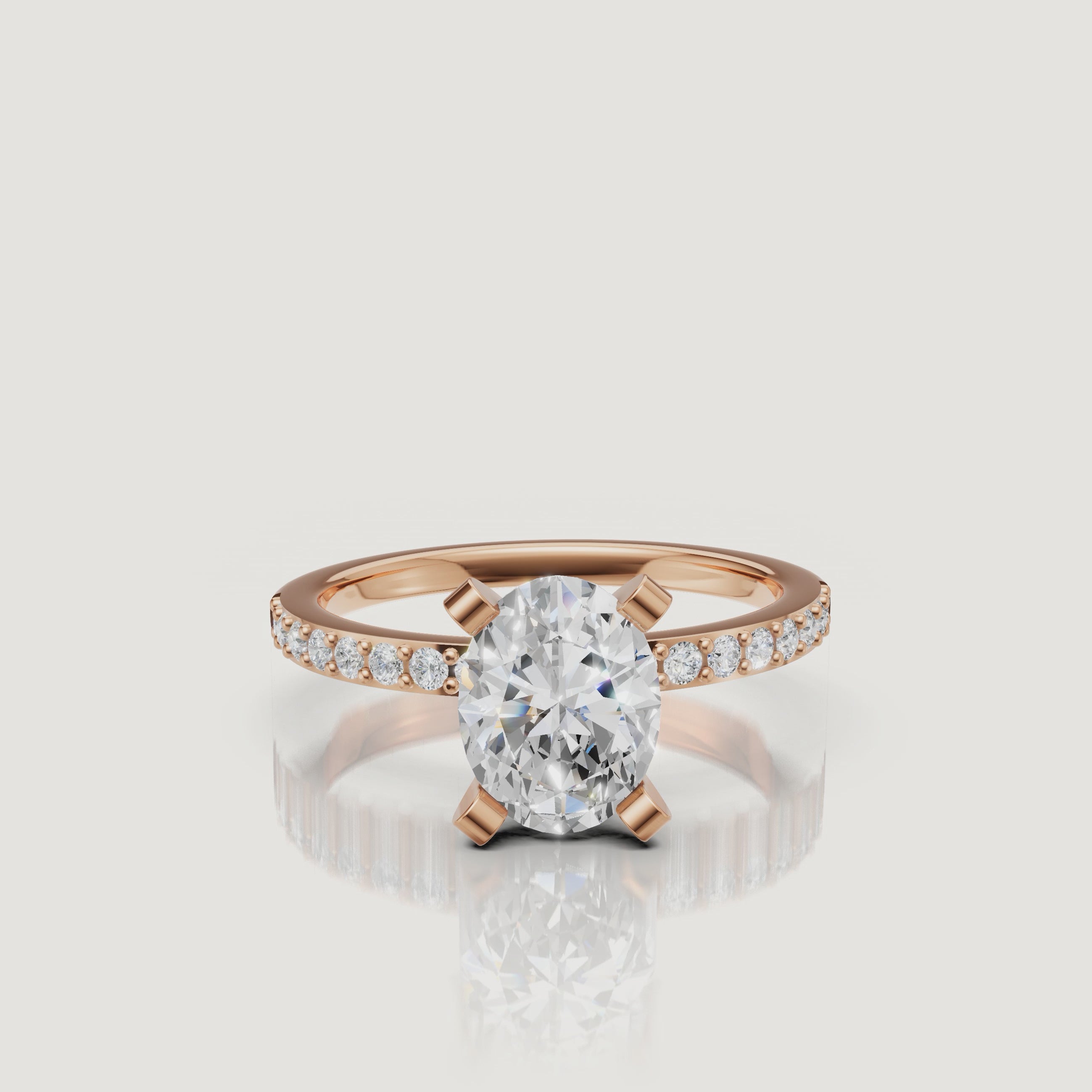 Oval lab grown diamond solitaire engagement ring with pavé band in 14K rose gold by Raul Diamonds video showcase