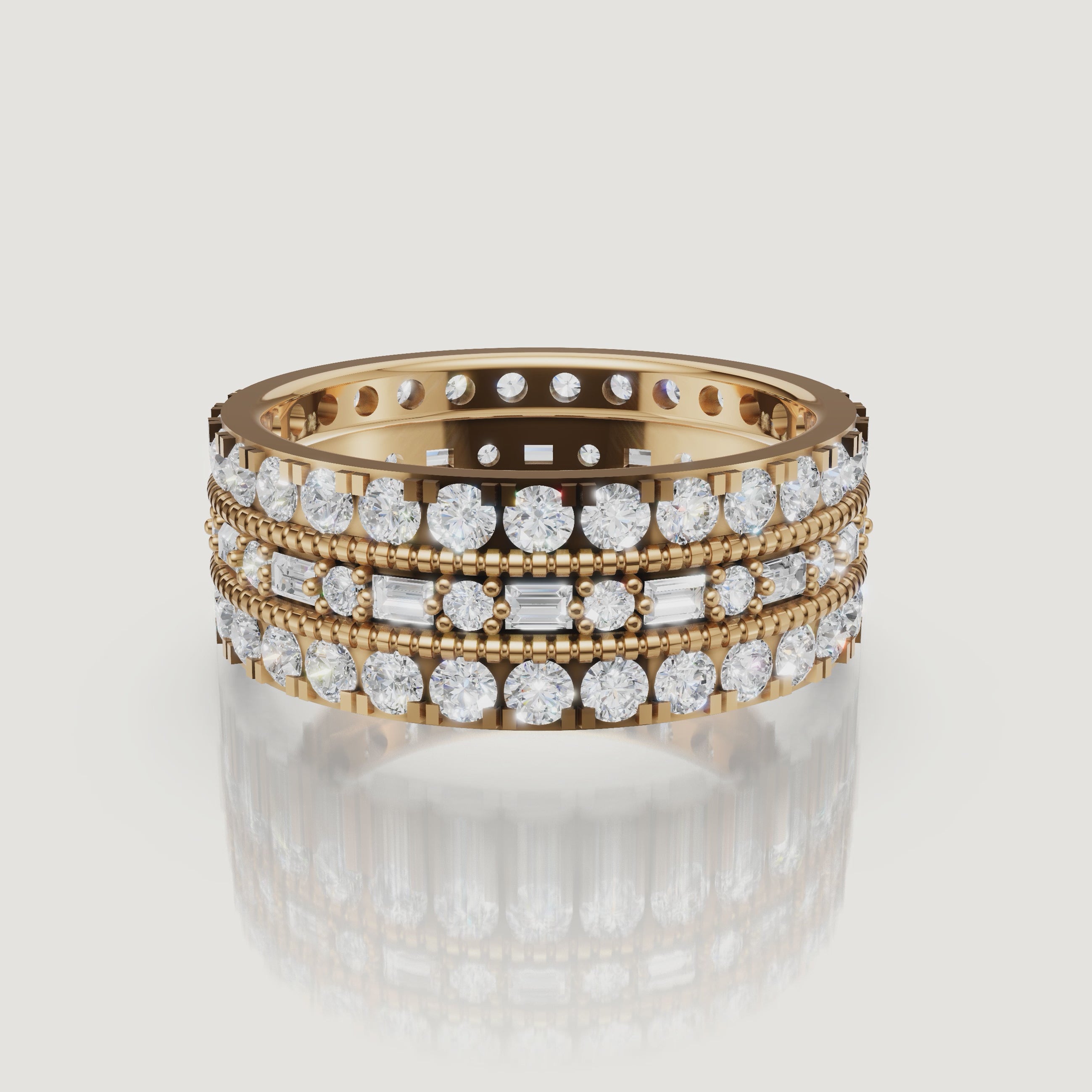 rotating view of mixed cut lab grown diamond eternity band with baguette accents