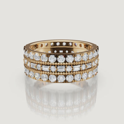 rotating view of mixed cut lab grown diamond eternity band with baguette accents