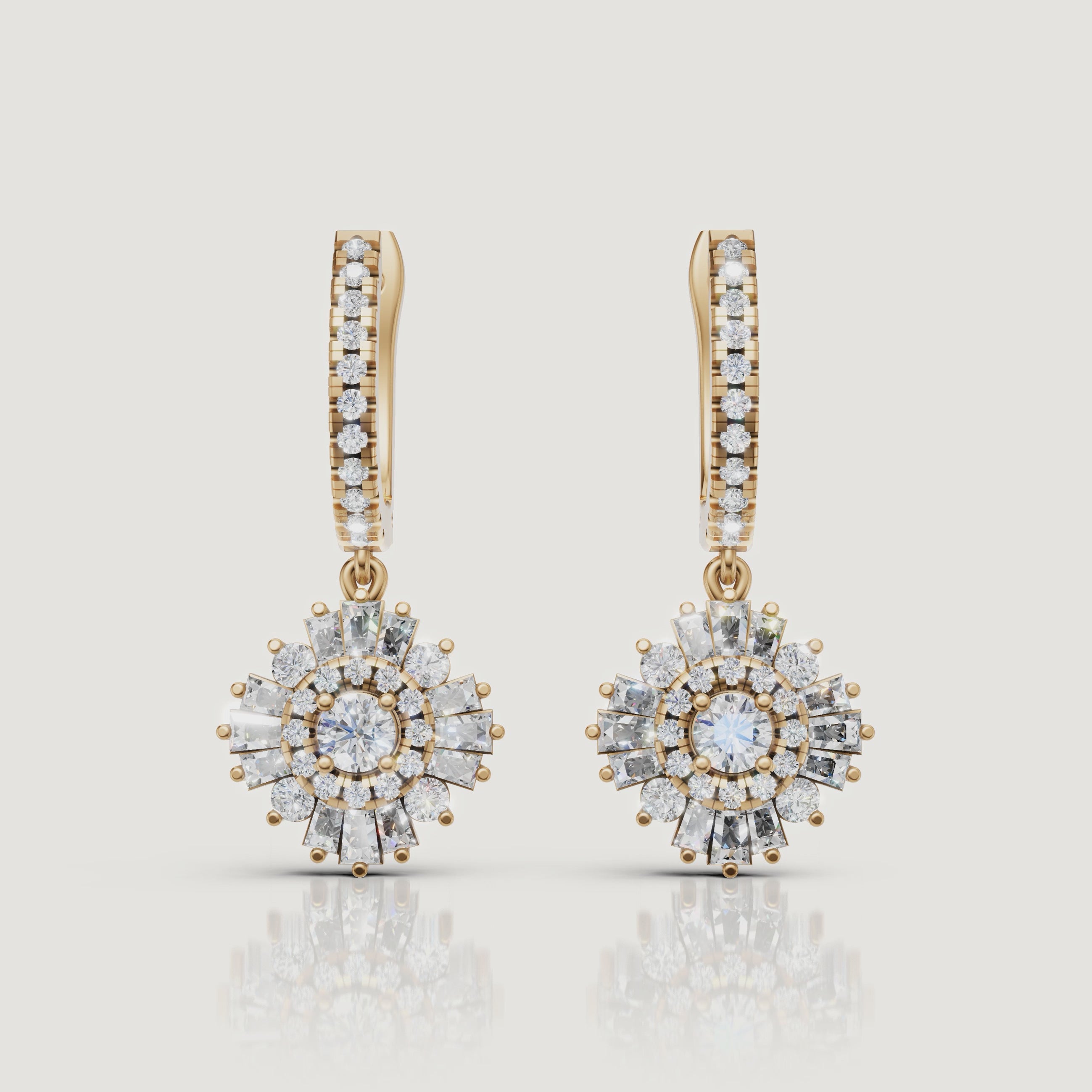 Yellow gold diamond halo earrings sparkling video Raul Diamonds