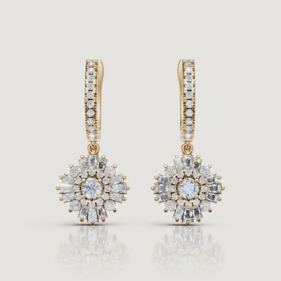 Yellow gold diamond halo earrings sparkling video Raul Diamonds