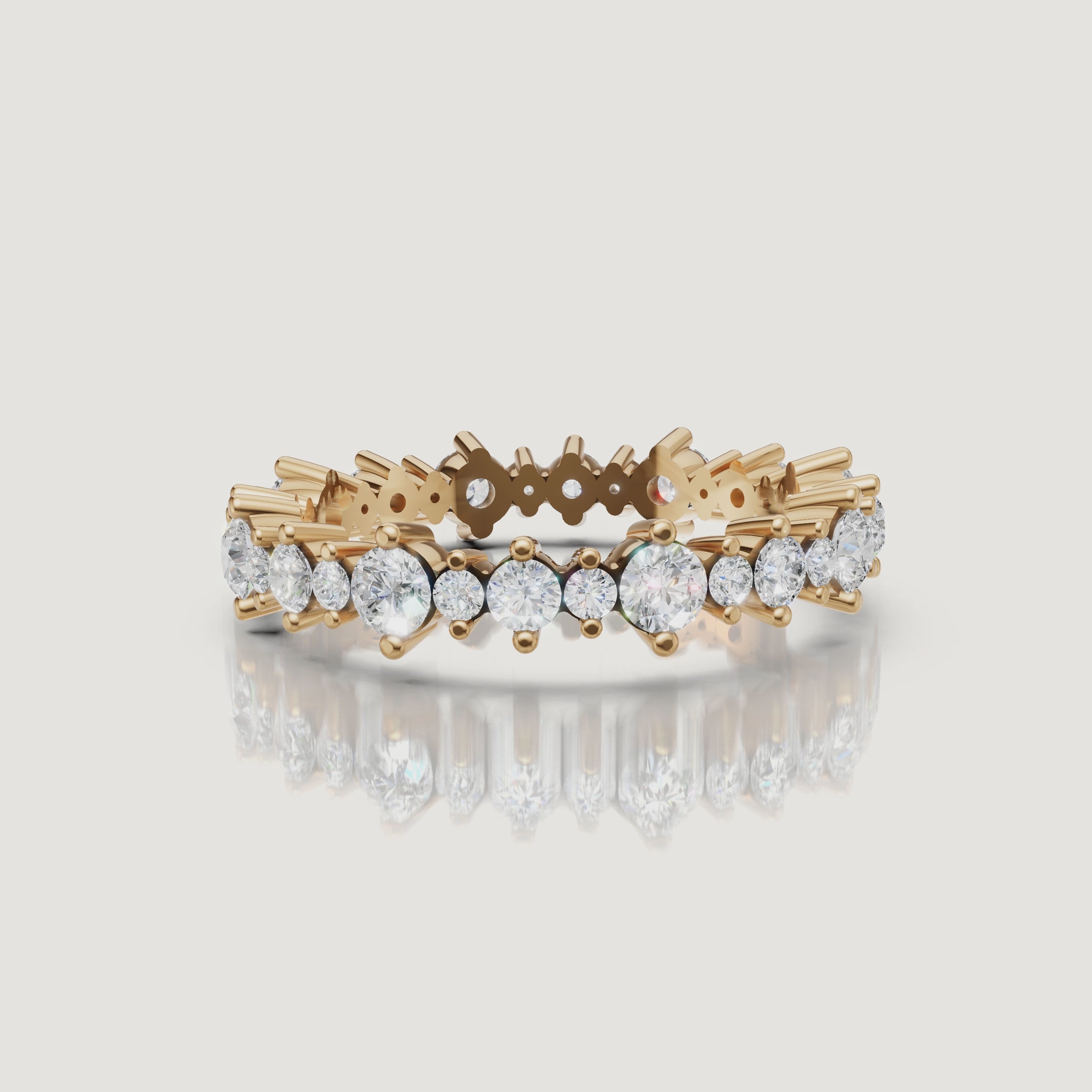 Yellow gold round diamond wedding band video with sparkling shared prong setting by Raul Diamonds