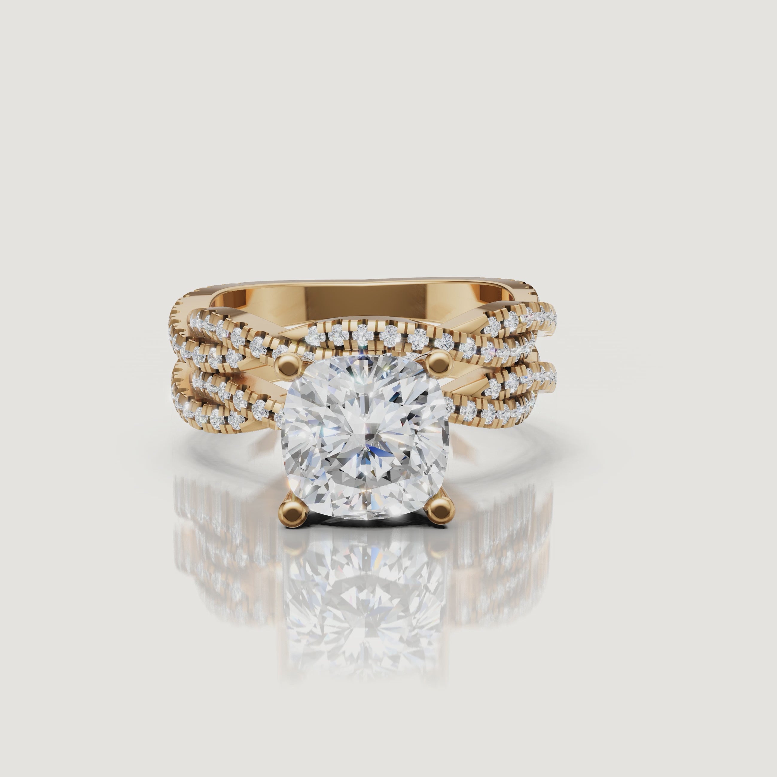 Yellow Gold Cushion Cut Split Shank Bridal Set Video by Raul Diamonds