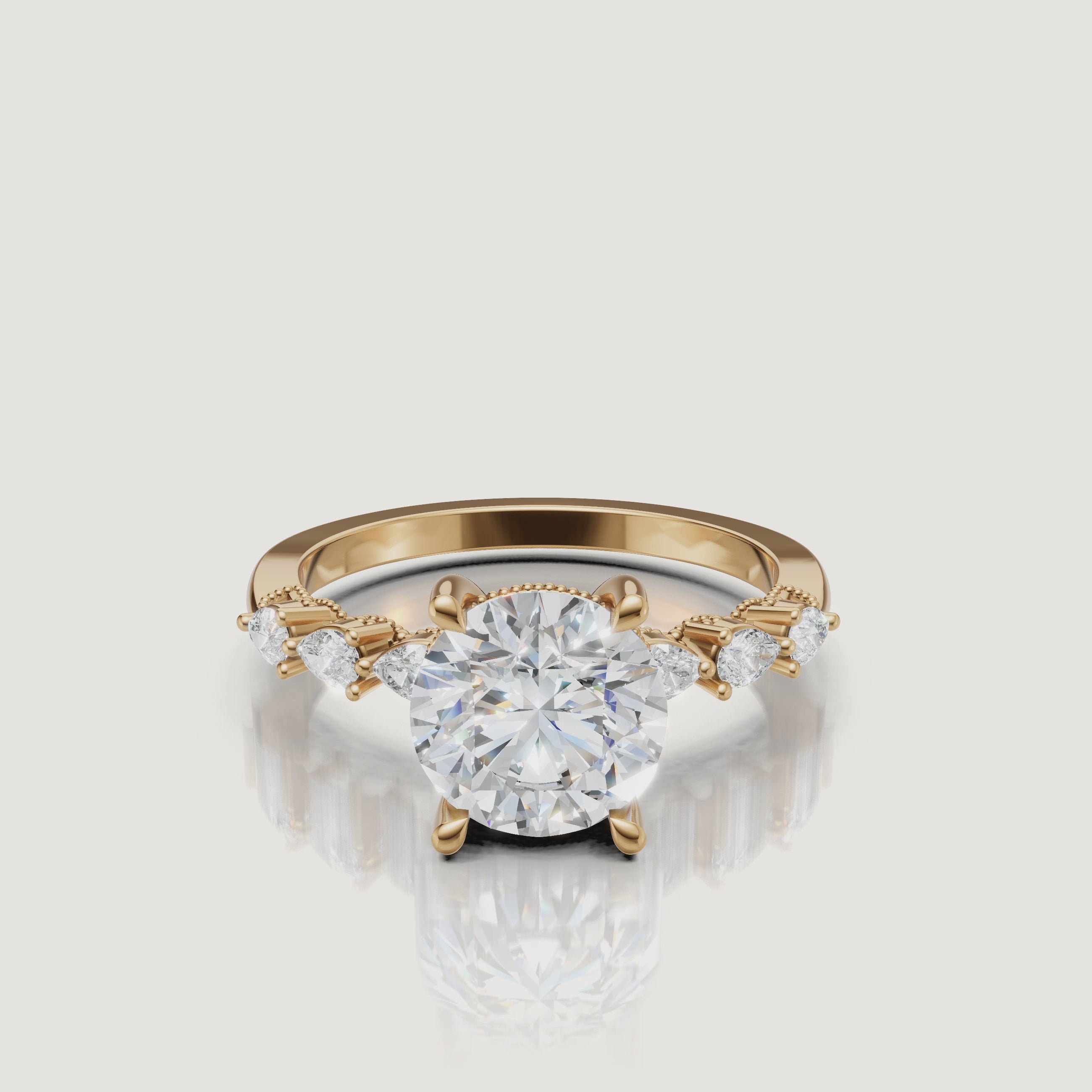 Video of round cut lab grown diamond engagement ring in 14K yellow gold with marquise side stones by Raul Diamonds