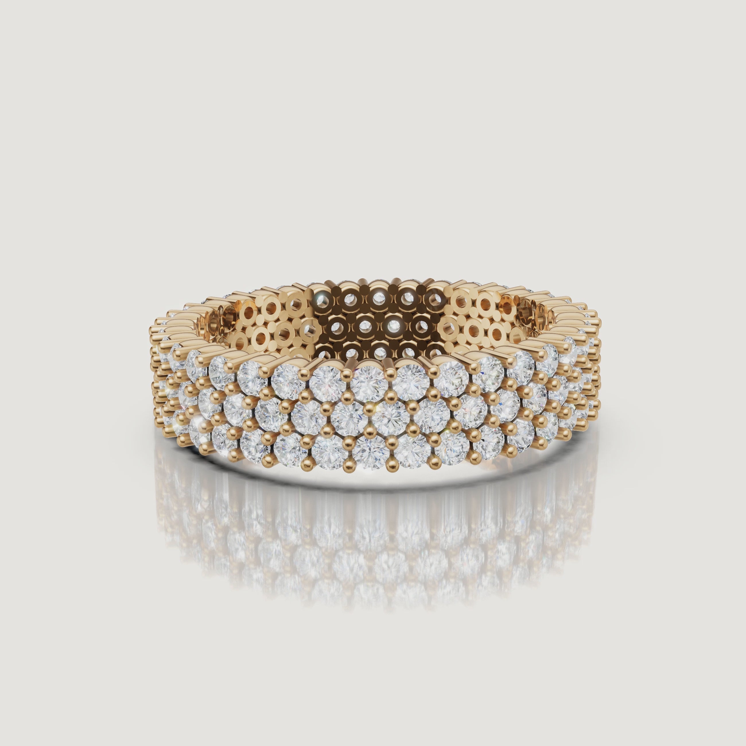 360 degree video of Raul Diamonds yellow gold multi row diamond wedding band with pavé round diamonds and eternity styling