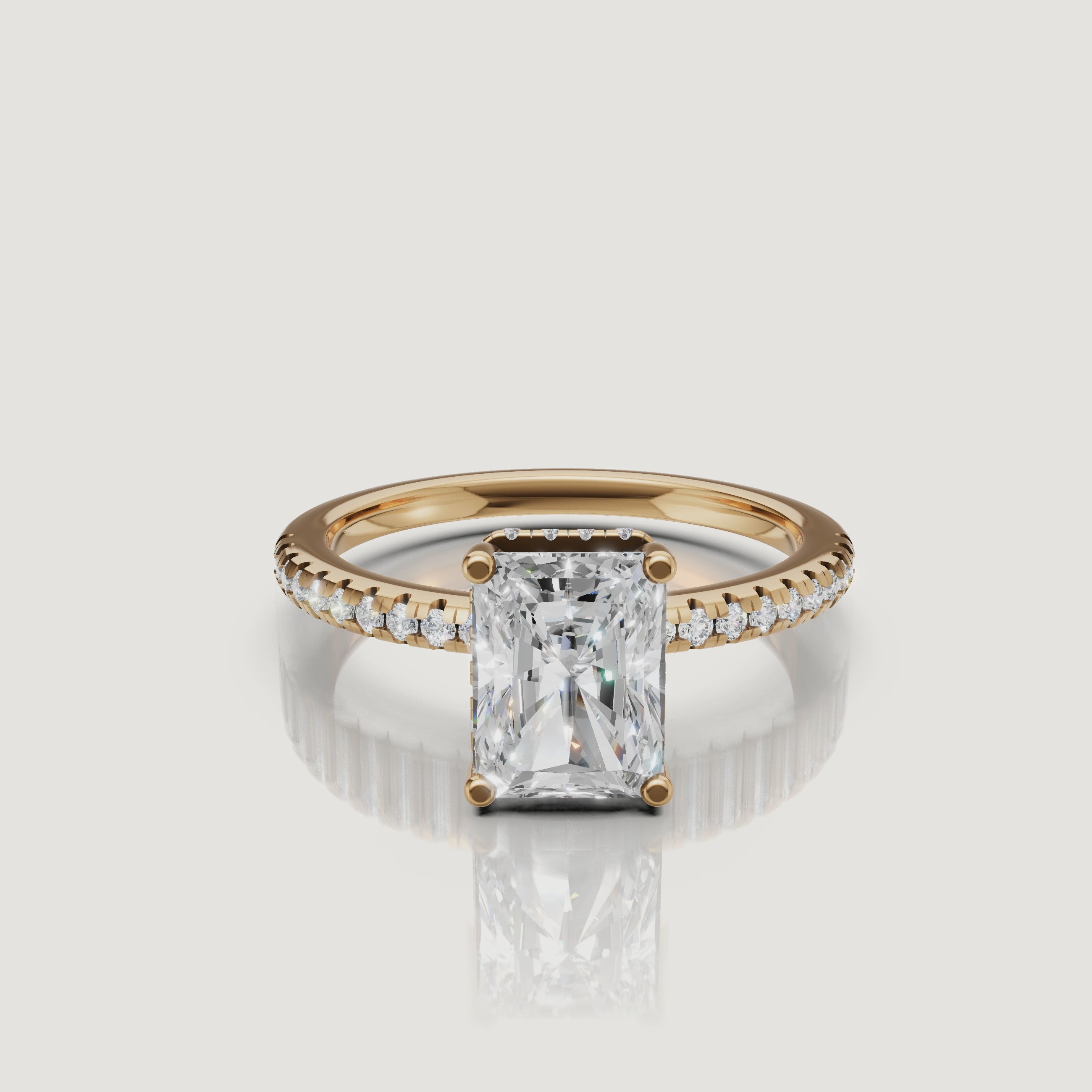 rotating view of radiant cut lab grown diamond engagement ring with pavé band
