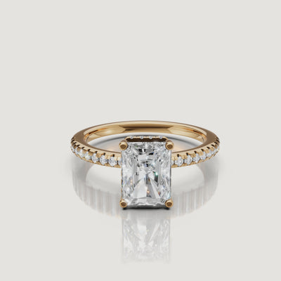 rotating view of radiant cut lab grown diamond engagement ring with pavé band