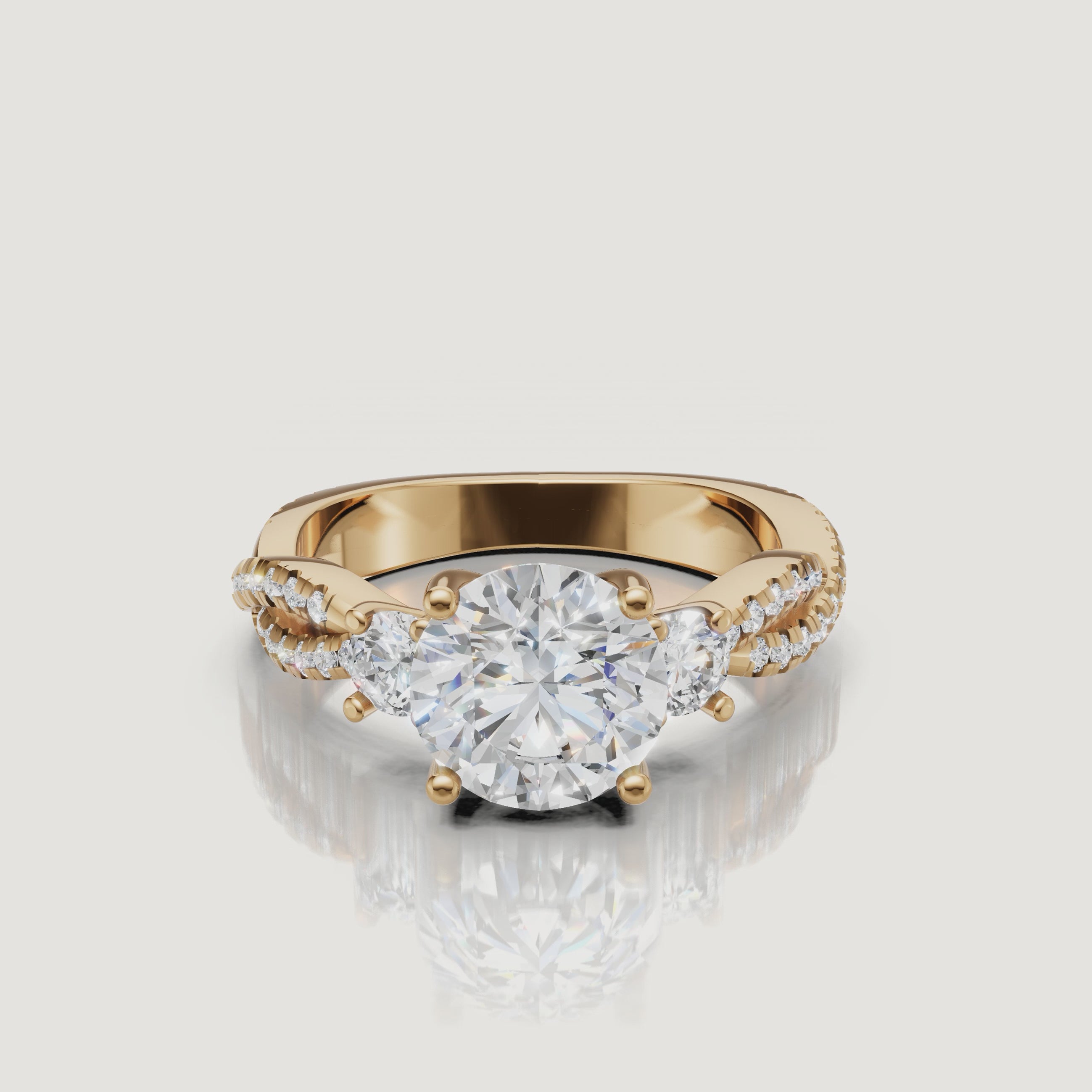 Round Three Stone Lab Diamond Ring Video in Yellow Gold – Raul Diamonds