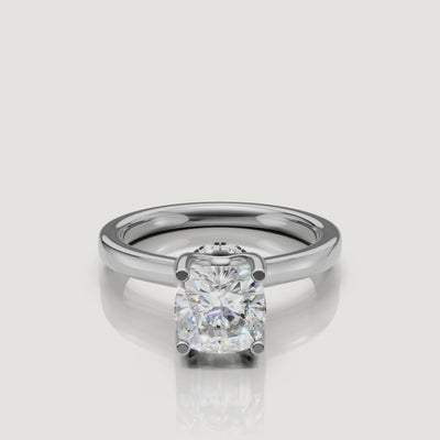 360-degree jewelry video of a Raul Diamonds white gold cushion solitaire, focusing on the light performance of the brilliant cushion cut diamond