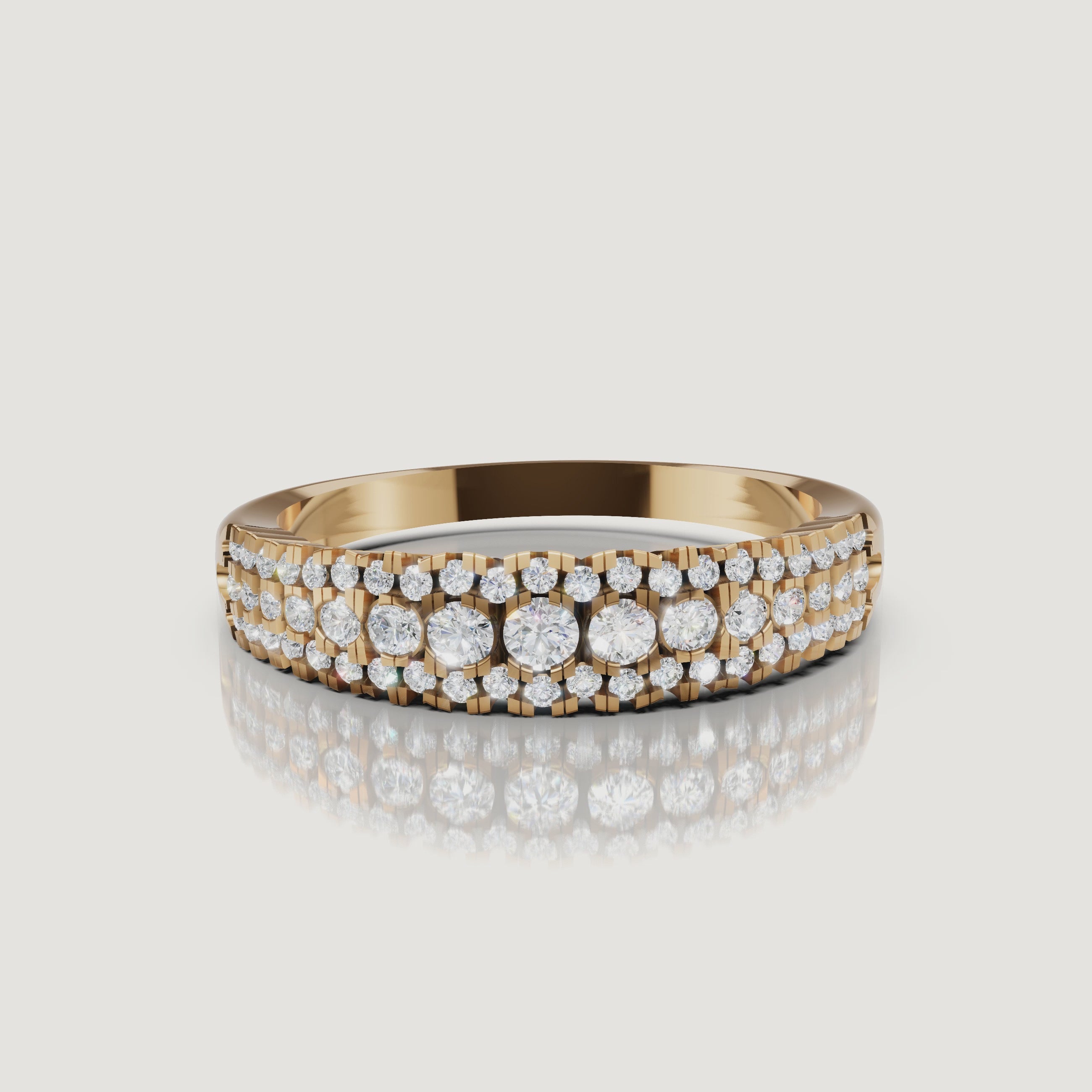 360 rotating video of Raul Diamonds yellow gold pavé diamond wedding band with layered sparkle