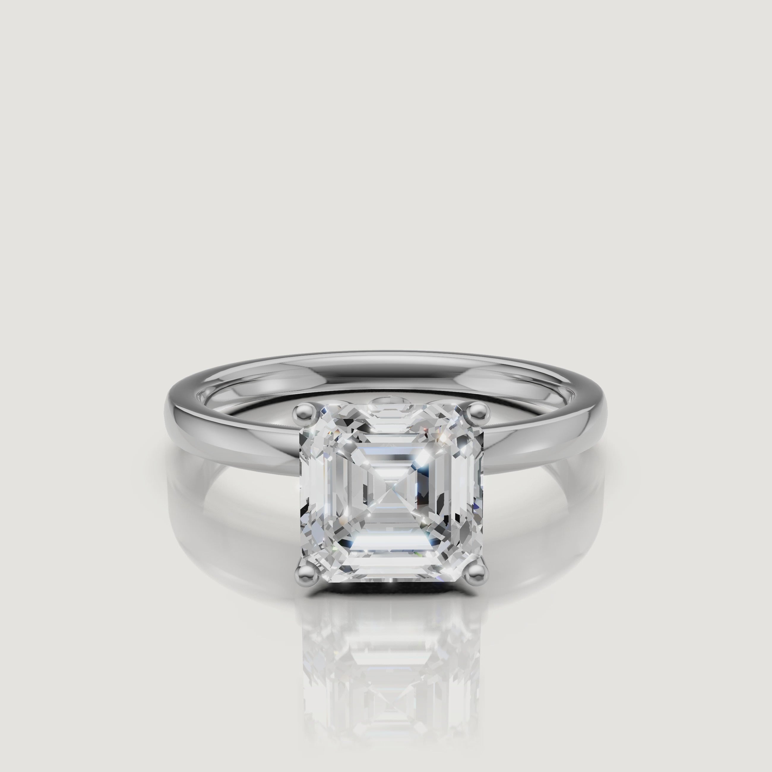 Cinematic video of a white gold Asscher cut diamond engagement ring from Raul Diamonds, demonstrating the 'hall of mirrors' effect of the square step-cut center stone