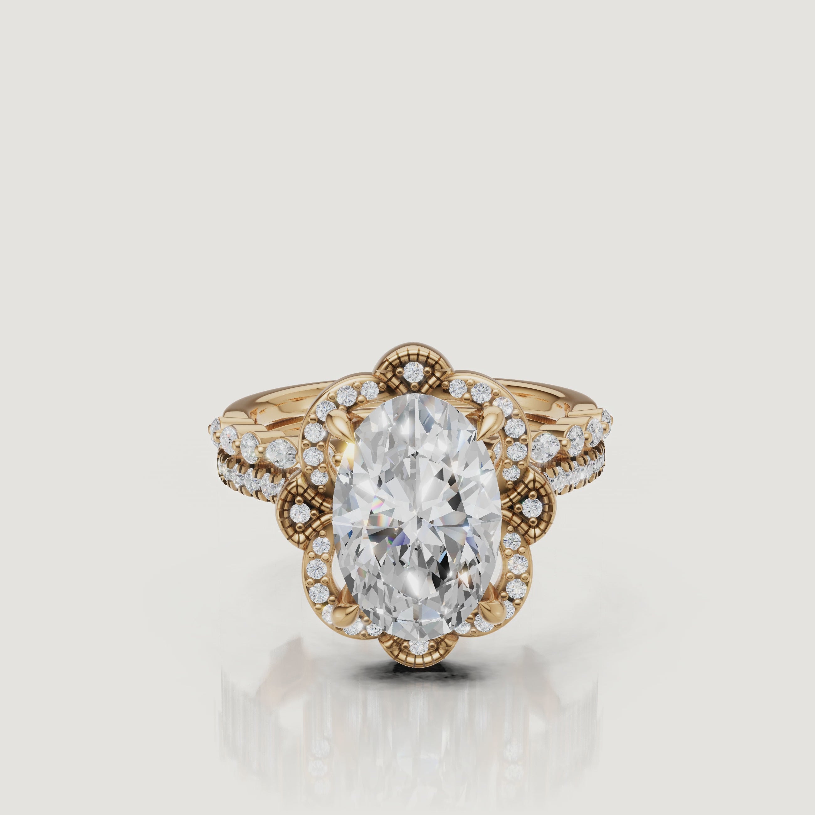 Yellow Gold Oval Cut Floral Halo Bridal Set Video by Raul Diamonds