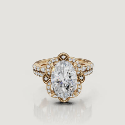 Yellow Gold Oval Cut Floral Halo Bridal Set Video by Raul Diamonds