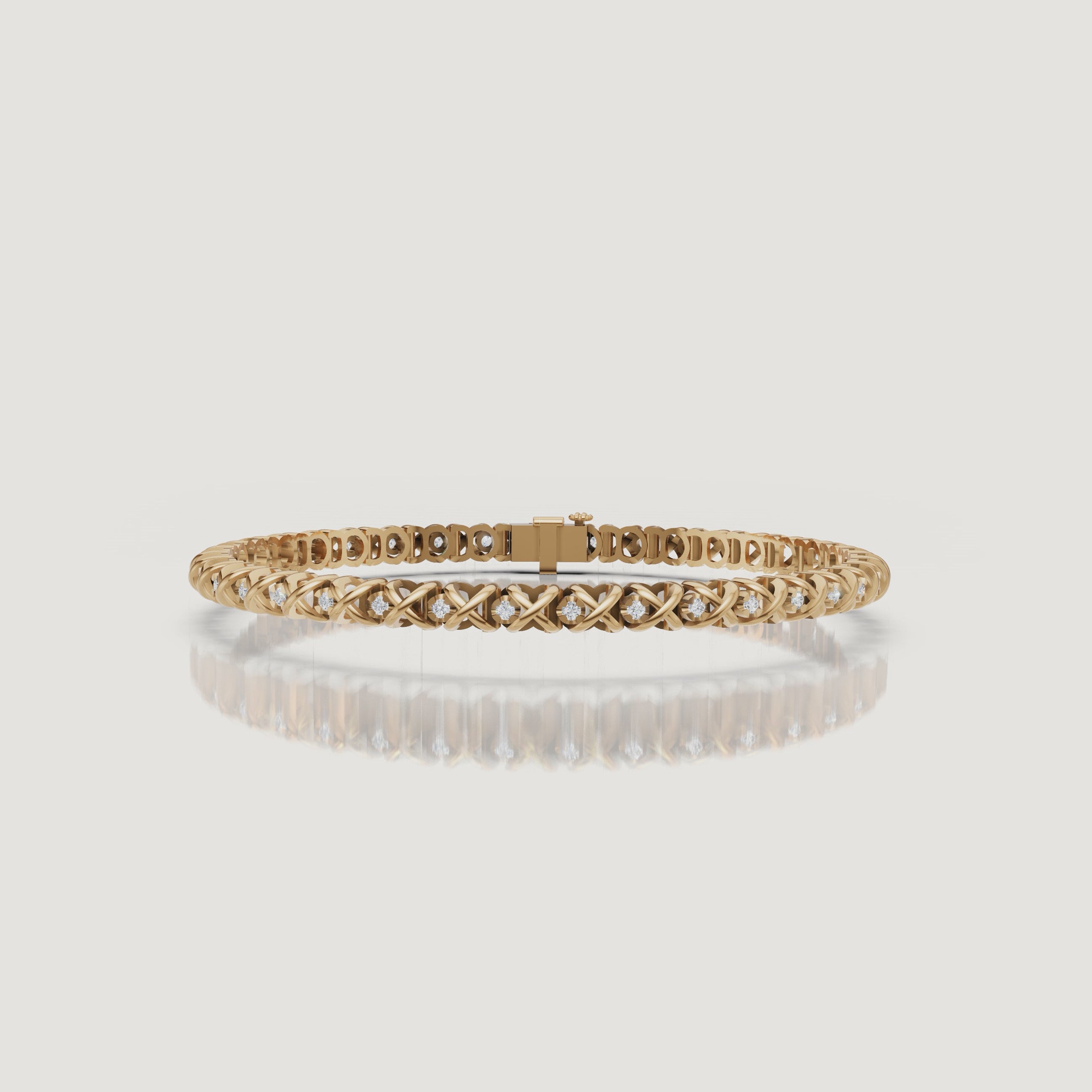 Luxury yellow gold diamond X-link bracelet video by Raul Diamonds with sparkling lab grown diamonds, cinematic close-up wrist shots, elegant movement, and premium fine jewelry styling