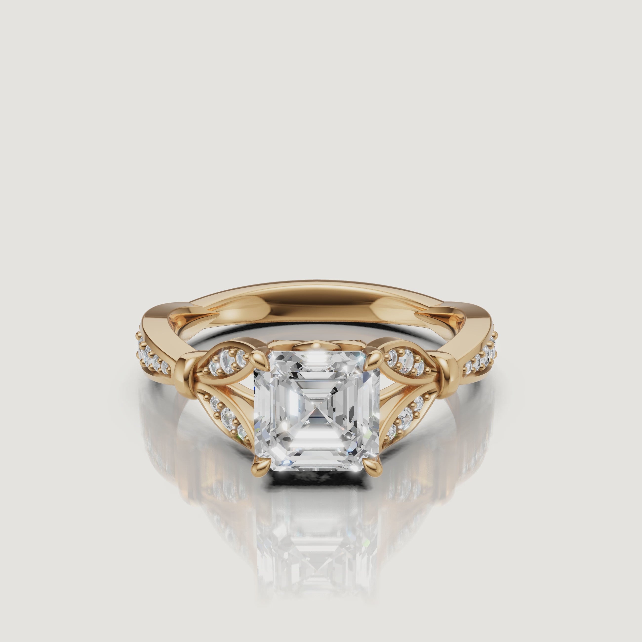 Rotating video of Raul Diamonds Asscher cut lab grown diamond engagement ring in 14K yellow gold with vintage pavé accents