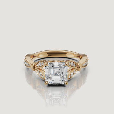Rotating video of Raul Diamonds Asscher cut lab grown diamond engagement ring in 14K yellow gold with vintage pavé accents