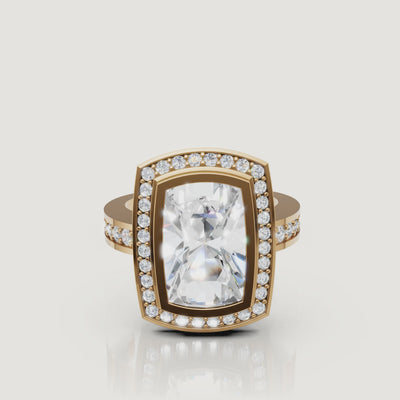 360 video of Raul Diamonds cushion cut halo engagement ring in yellow gold with pavé diamonds.