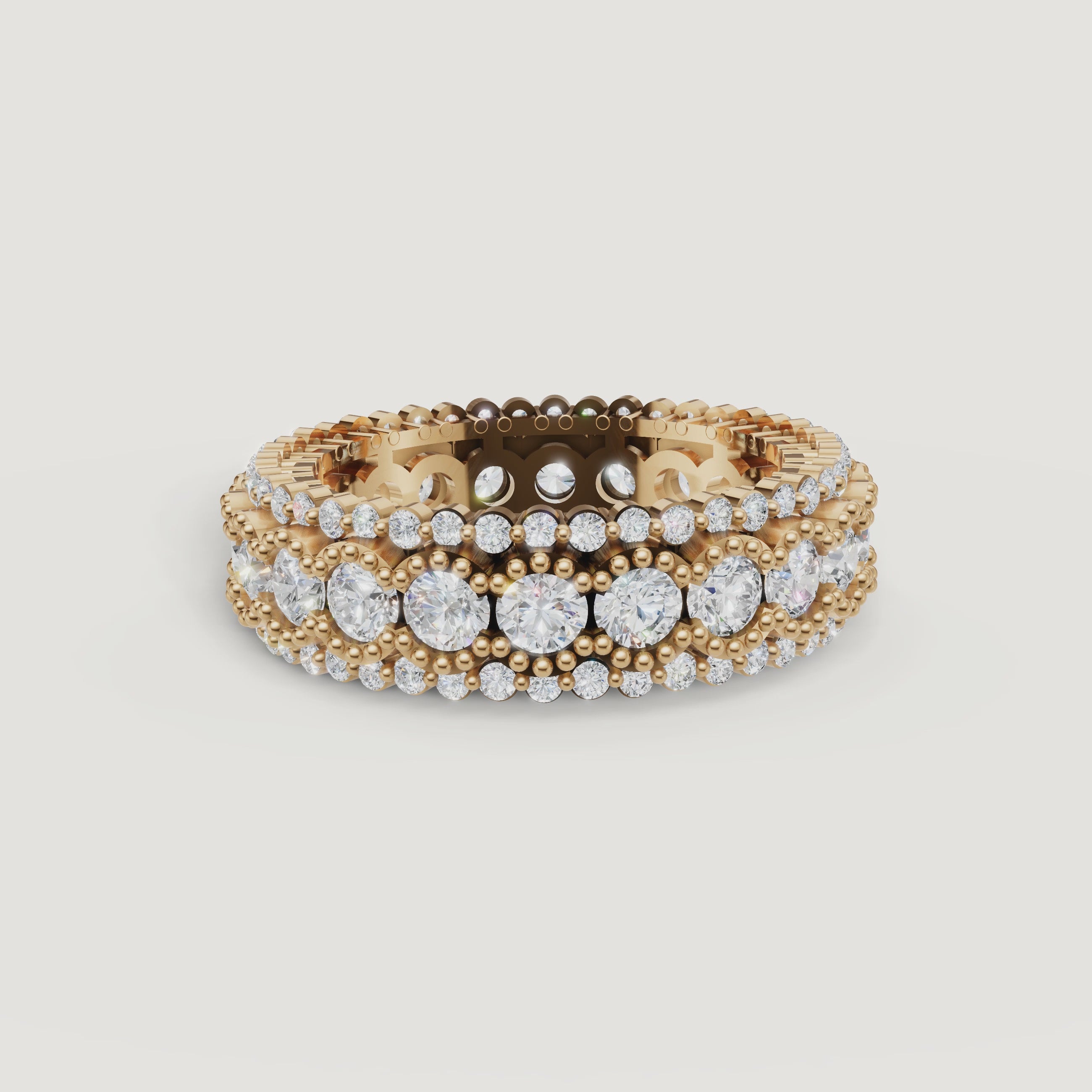 rotating view of round brilliant lab grown diamond eternity band with halo details