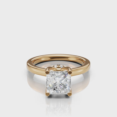 video of princess cut lab grown diamond solitaire engagement ring in 14k yellow gold