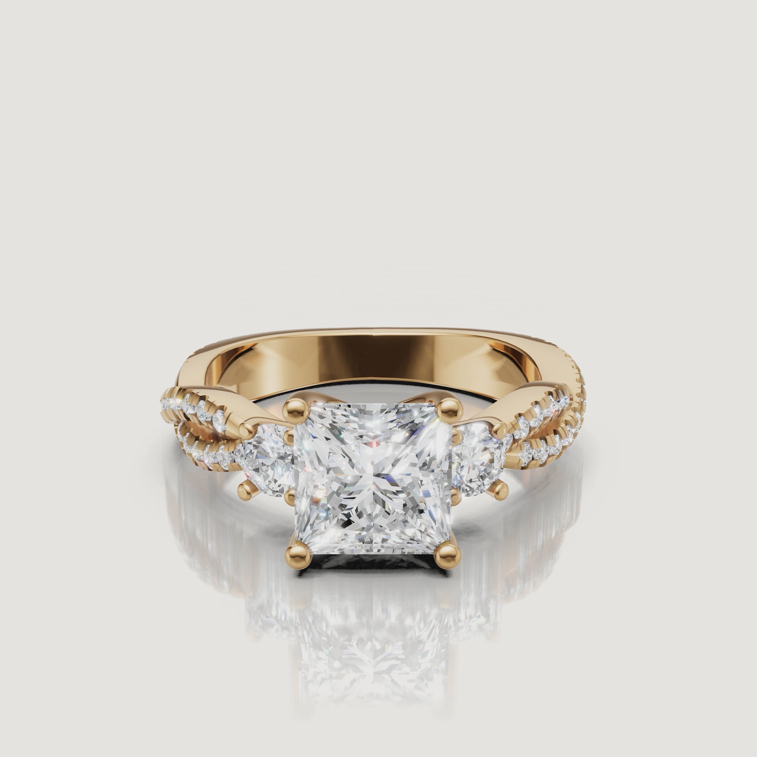 Princess Three Stone Lab Diamond Ring Video in Yellow Gold – Raul Diamonds