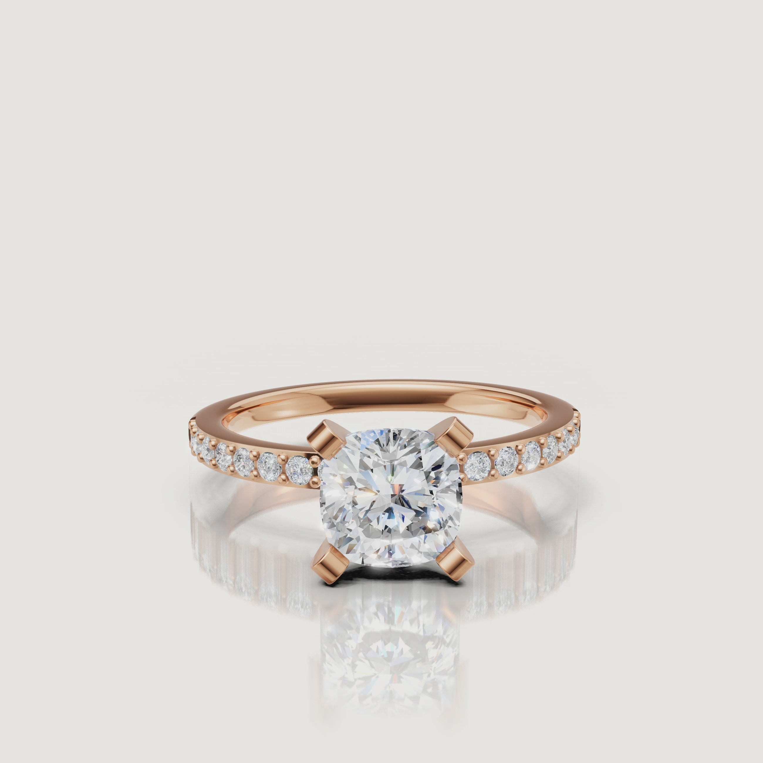 Cushion lab grown diamond solitaire engagement ring with pavé band in 14K rose gold by Raul Diamonds video view