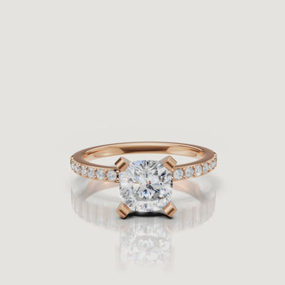 Cushion lab grown diamond solitaire engagement ring with pavé band in 14K rose gold by Raul Diamonds video view