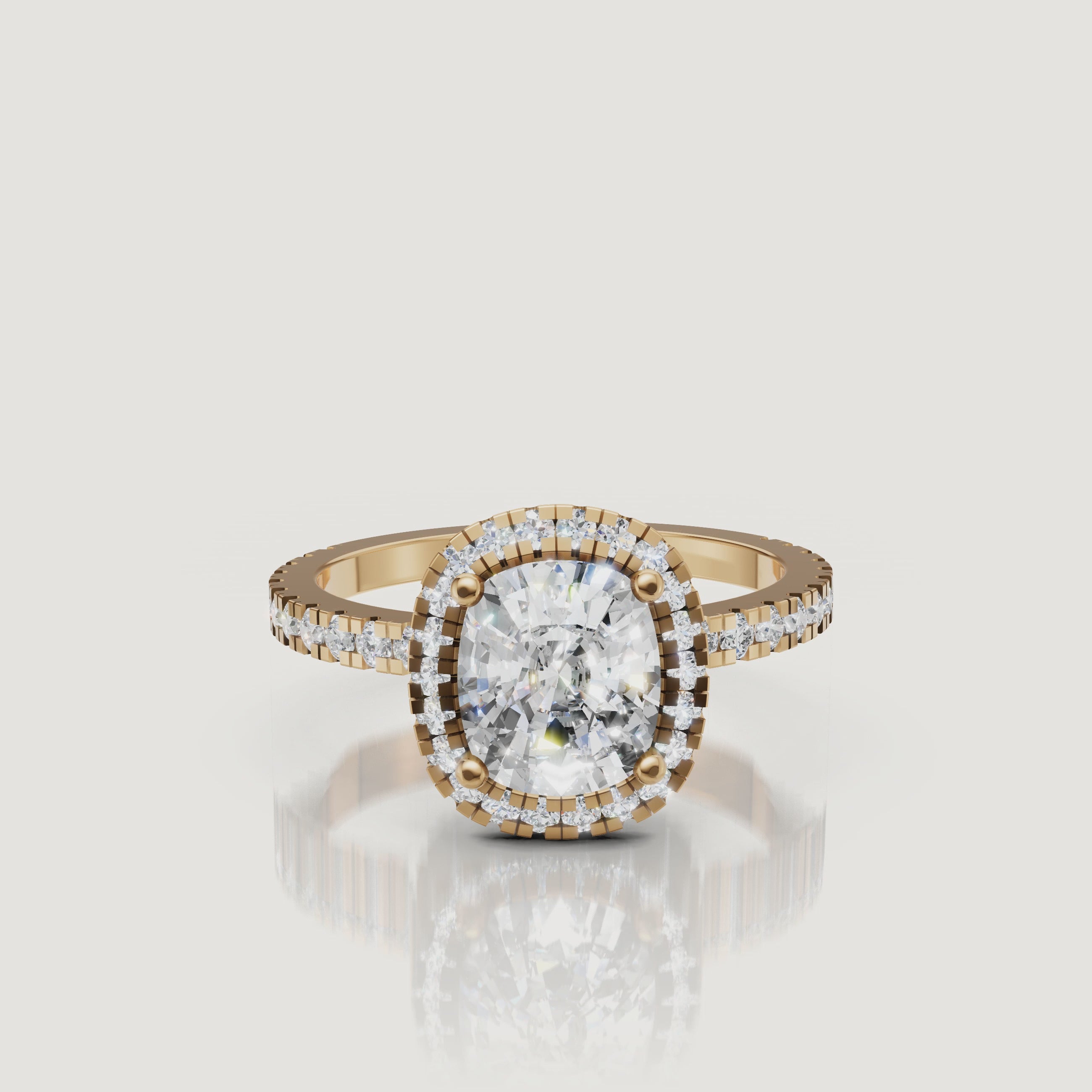 360 video of Raul Diamonds yellow gold cushion cut halo diamond engagement ring with pavé band