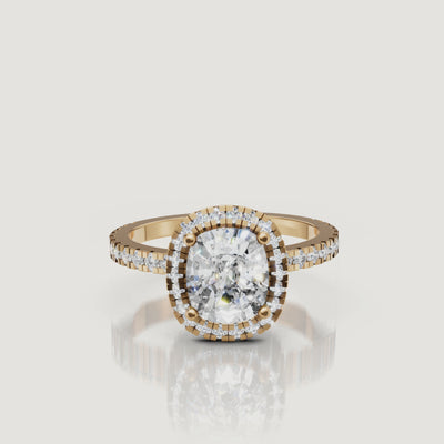 360 video of Raul Diamonds yellow gold cushion cut halo diamond engagement ring with pavé band