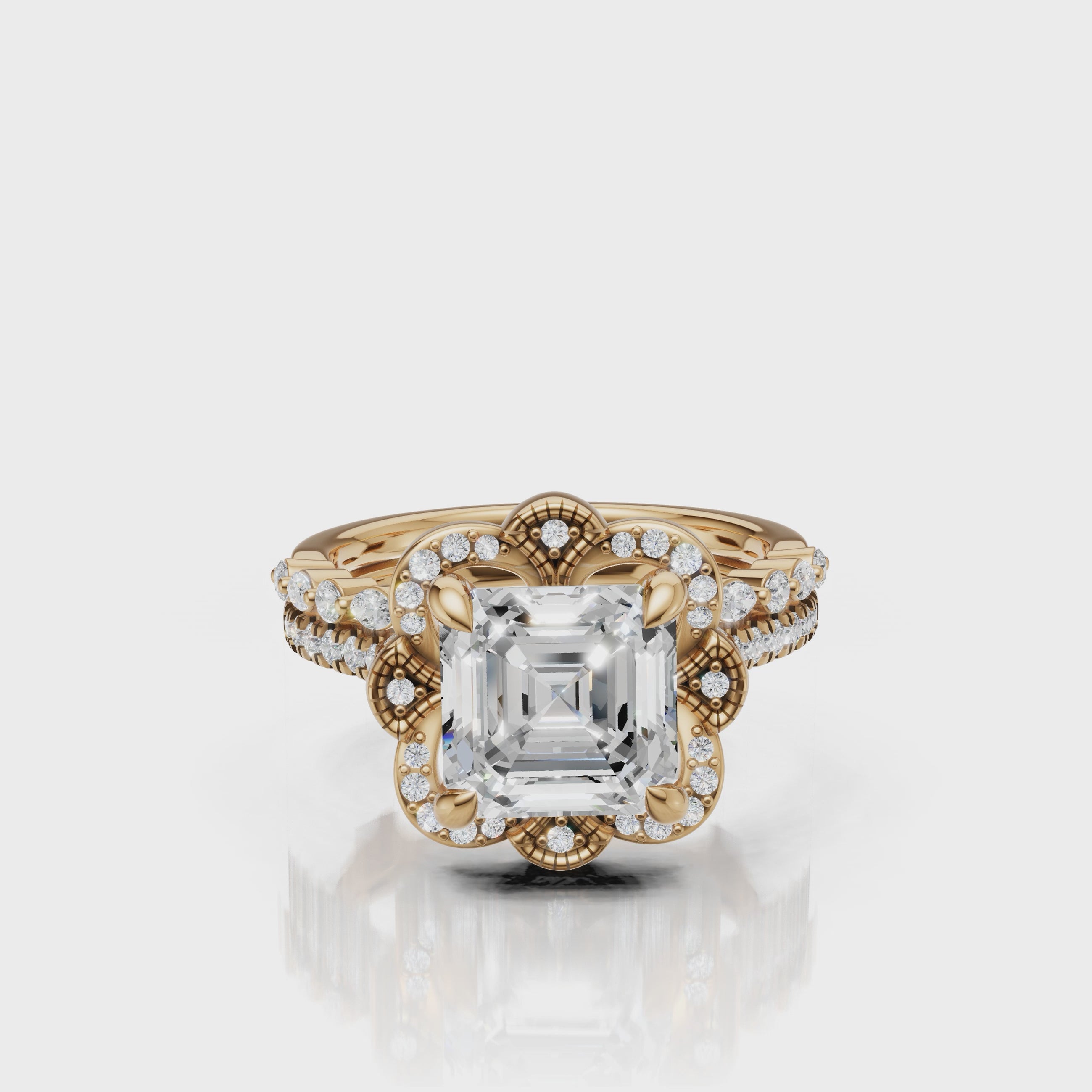 Yellow Gold Asscher Cut Floral Halo Bridal Set Video by Raul Diamonds